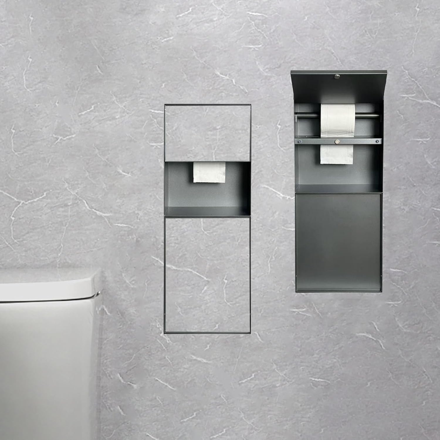Space-Saving Recessed Wall Niche with Removable Trash Can Rack, Stainless Steel Toilet Paper Holder & Storage Solution - Gray (11.1"x25.7"x5.3")