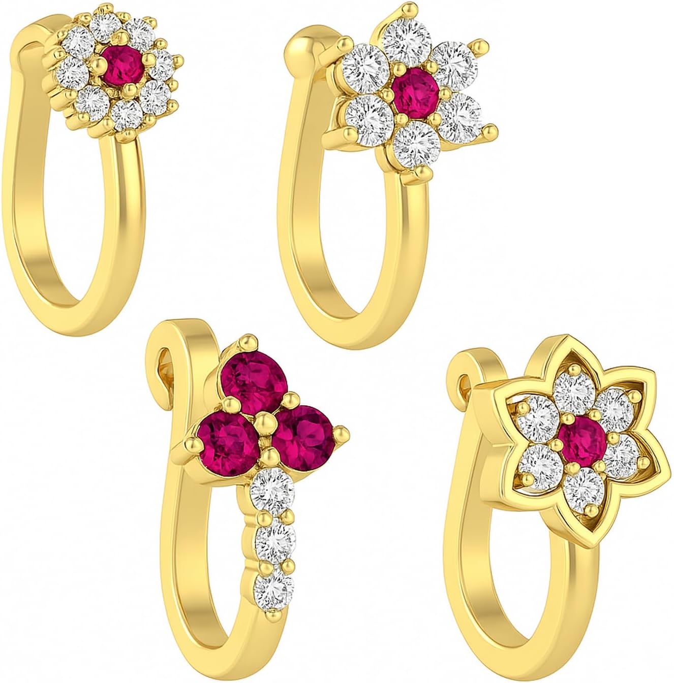 FASHIONS Trendy Clip on Diamond Ruby Stone Nose Ring Pin Pressing Type Non-Piercing Combo NosePin for Girls & Women - 4 Pcs