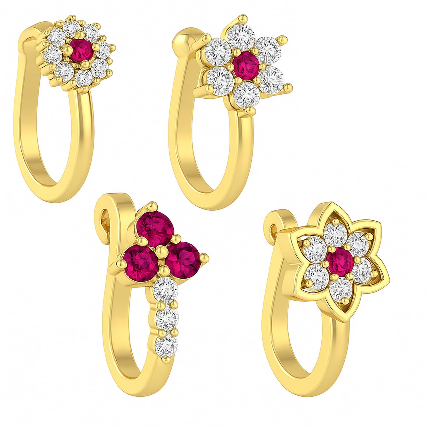 VAMA FASHIONS Trendy Clip on Diamond Ruby Stone Nose Ring Pin Pressing Type Non-Piercing Combo NosePin for Girls & Women – 4 Pcs VAMA FASHIONS Trendy Clip on Diamond Ruby Stone Nose Ring Pin Pressing Type Non-Piercing Combo NosePin for Girls & Women – 4 Pcs