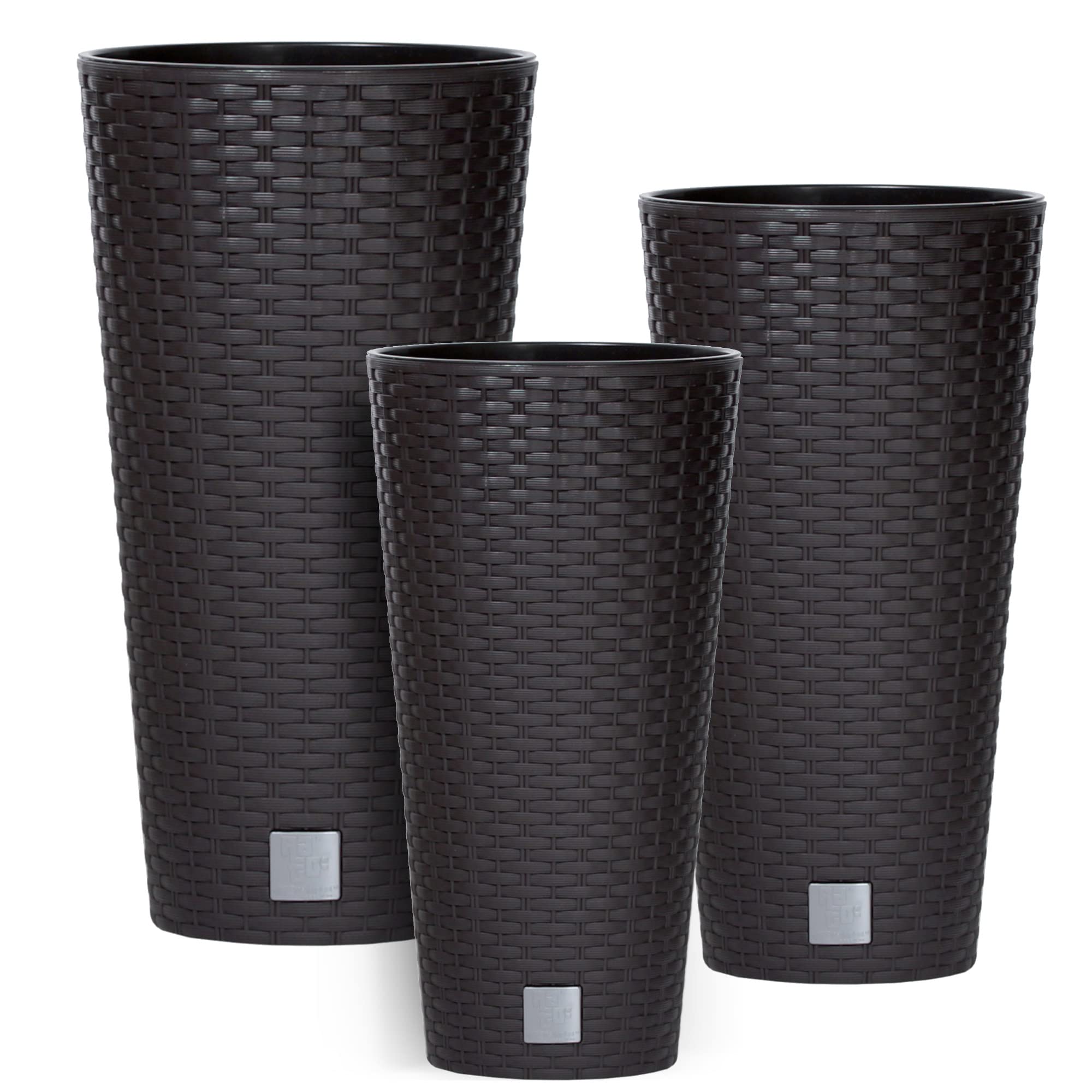 botle 3 vasi da fiori in rattan, diverse misure, altezza 47 + 57 + 76 cm, inserto in plastica con inserto rotondo