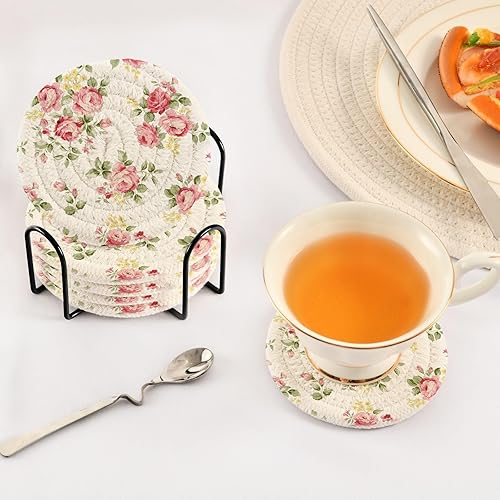 Miniatura 5 de Beautiful Rose Flower Pattern Absorbant Coasters Drink Coasters for Tabletop Protection with Holder Set of 6