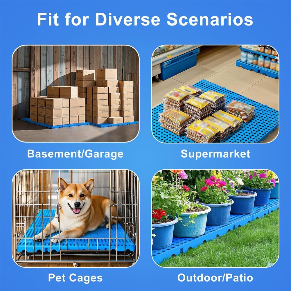 Blue Round Holes Plastic Pallet, 4 Pcs Nestable Durable Storage Grid Pad, Rib-Reinforced Base Design, Ventilated Mesh Mat for Warehouse Cold Room Garage,40x40x5cm