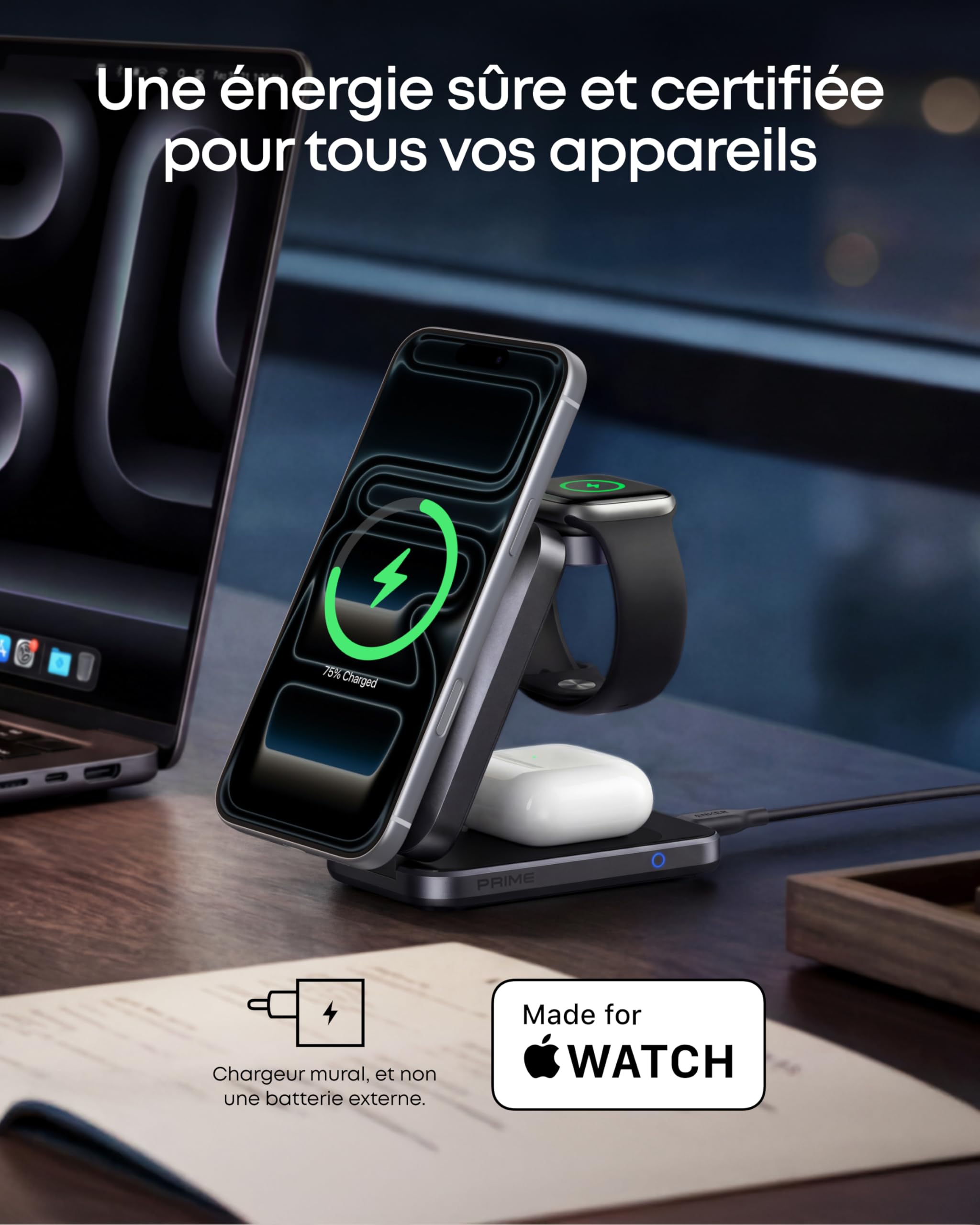 Anker Prime Chargeur MagSafe 3 en 1 Rapide 25W, Station de Charge sans Fil Certifié Qi2.2, Pliable pour iPhone 17/16/15, Apple Watch, AirPods (sans Batterie, Adaptateur Inclus) | Compatible avec MagSafe, chargeur pliable, certifié Qi2.2 de 25 W, pour iPho