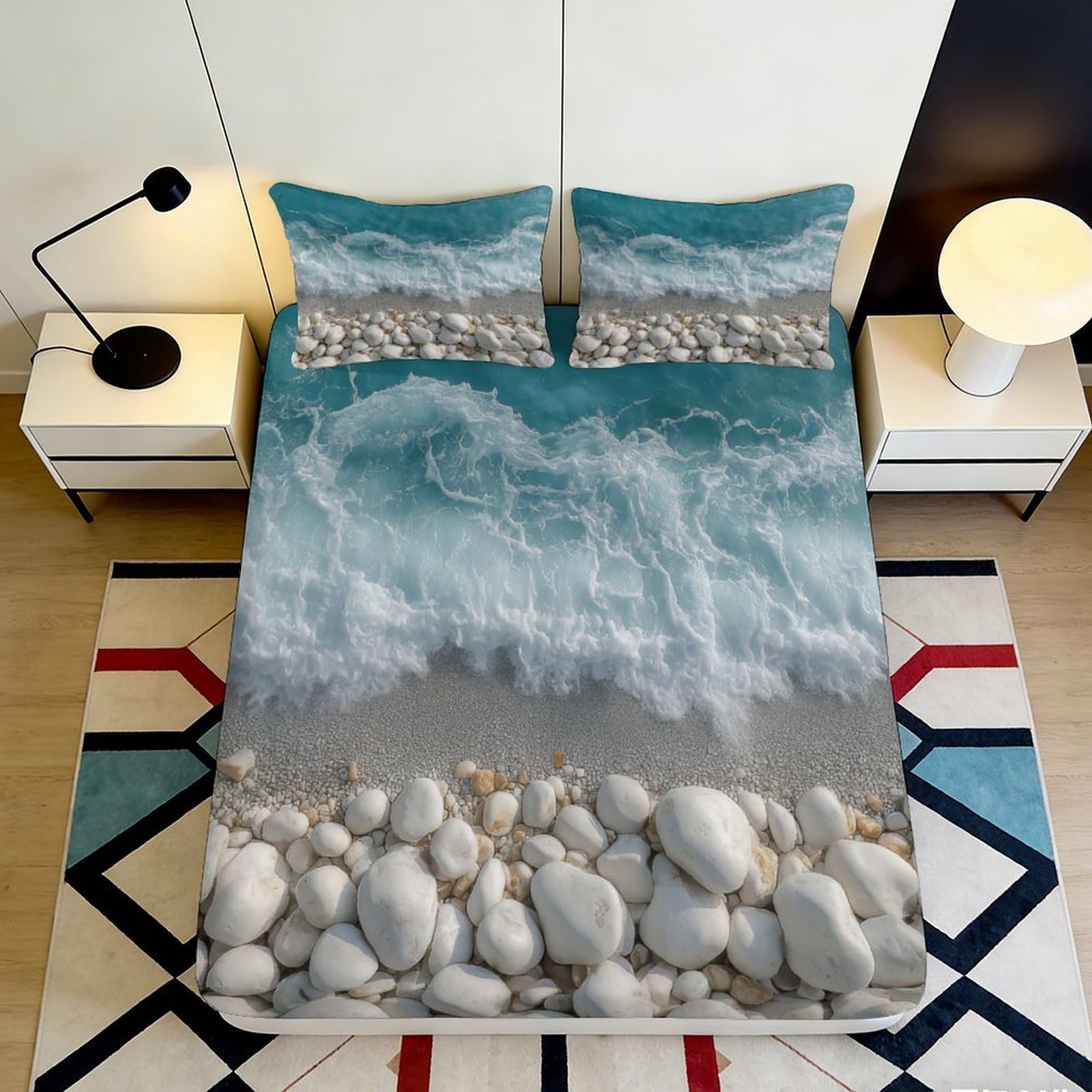 3D Printed Ocean Wave Fitted Sheet Microfiber Soft Pebble Mattress Cover for Bedroom Decor Dustproof Washable 90x200x25cm