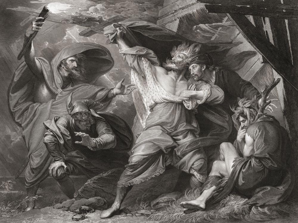 Illustrazione per l'opera teatrale di William Shakespeare King Lear Act III Scena IV. Da un'incisione del XVIII secolo di William Sharp dopo un'opera di Benjamin West. Stampa poster di Ken Welsh (18 x
