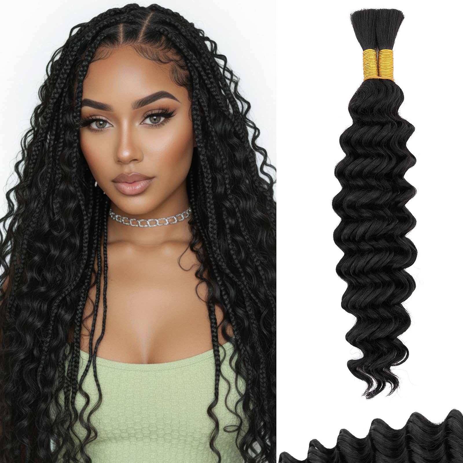 MY-LADY Deep Wave Bulk Human Hair Braiding for Boho Braids, 18Pouces Tissage Cheveux Humain Naturels No Weft, Tissage Bresilien Extension Curly Noir Naturel 2 Bundle 100g