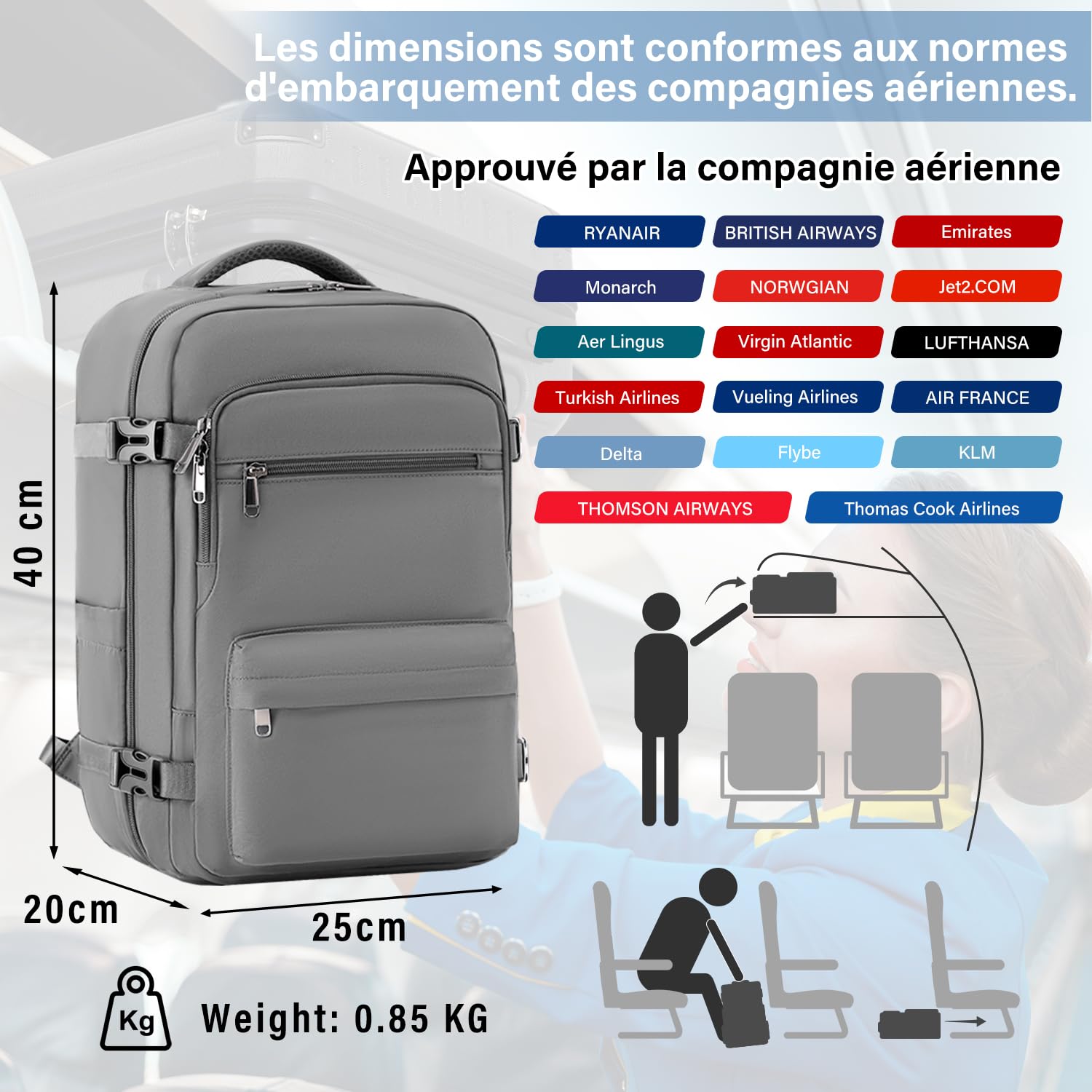COOLIFE Bagages Cabine 40x20x25 pour Ryanair Sac de Voyage, Sac a Dos Voyage Cabine Avion Bagage à Main Femme Homme 20L sous Siege Bagage Sac De Voyage pour Ordinateur Portable 13.3''