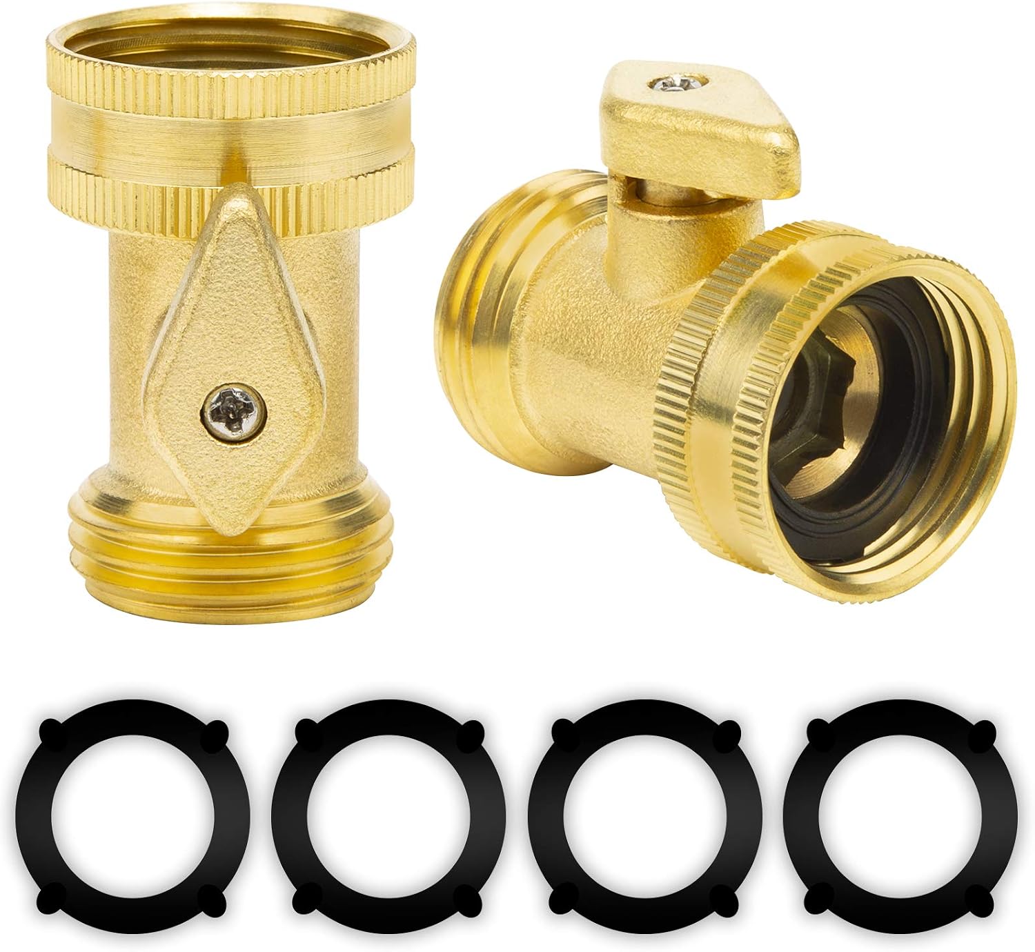 Oupeng sky Brass Garden Hose Shut Off Valve,Heavy Duty Brass Shut Off Valve Garden Hose Connector, 2 Pack Heavy Duty 3/4 Inch Solid Brass Garden Hose Shut Off Valve with 4 Extra Rubber Washers.