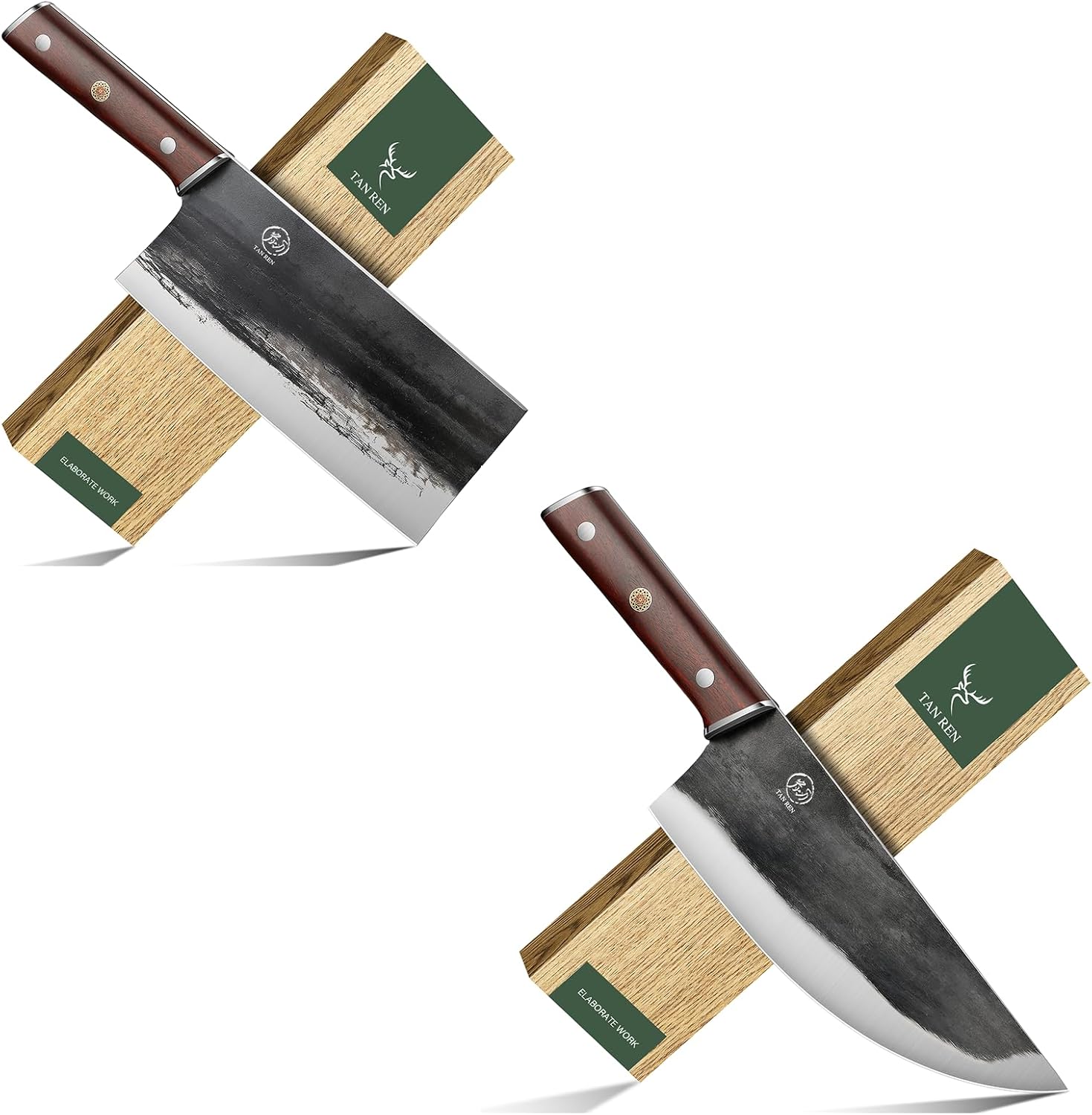 TAN REN 8 Inch Cleaver Knife and 8 Inch Butcher Knife for Meat Cutting, High Carbon Steel Boning Knife, Full Tang Meat Cleaver Knife for Home Kitchen