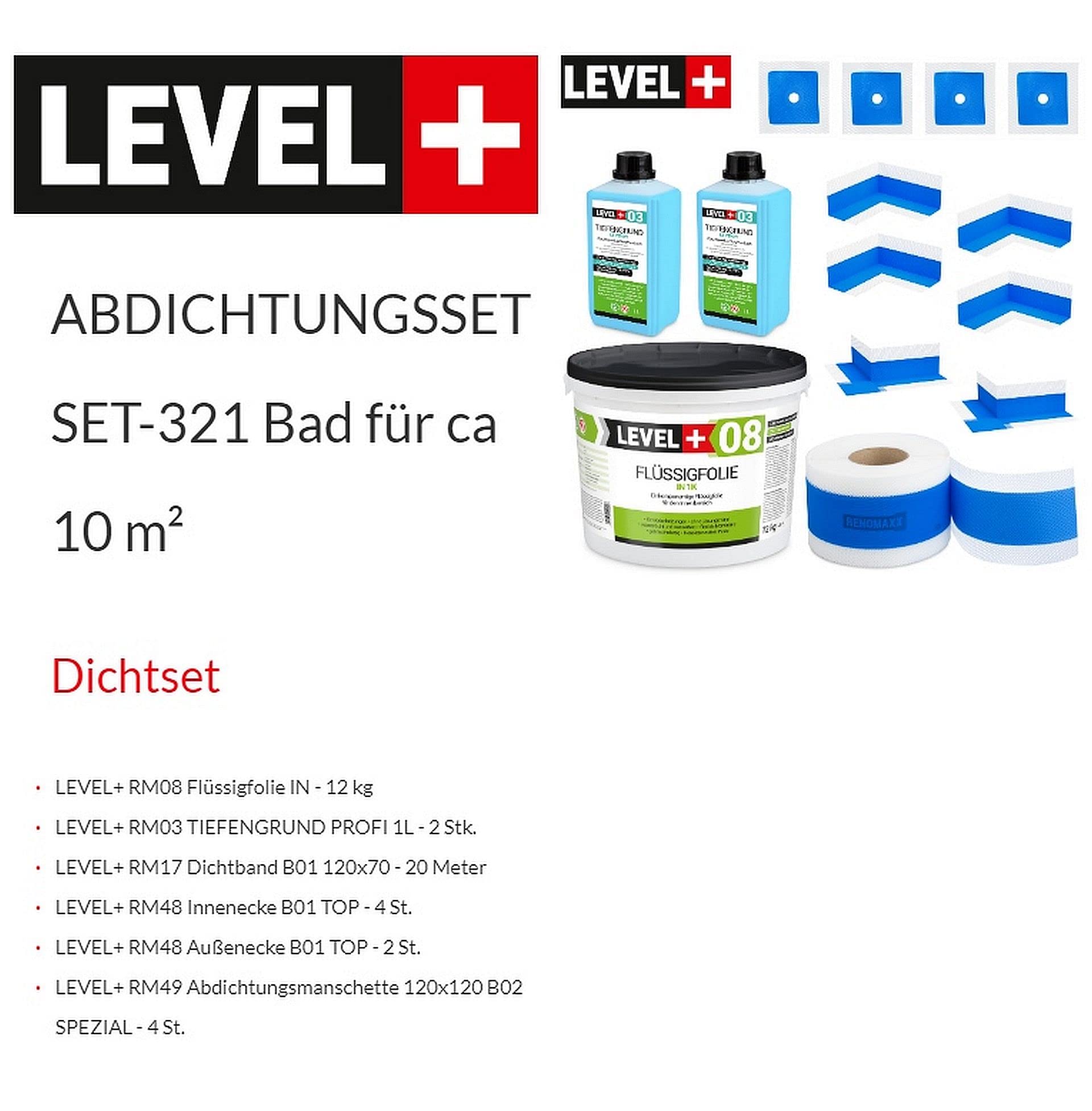 Dichtset 12 Kg Flüssigfolie, Eckfugen, 20m Dichtband, Tiefengrund 2 L, Abdichtungsset Bandset Dusche Bad SET321