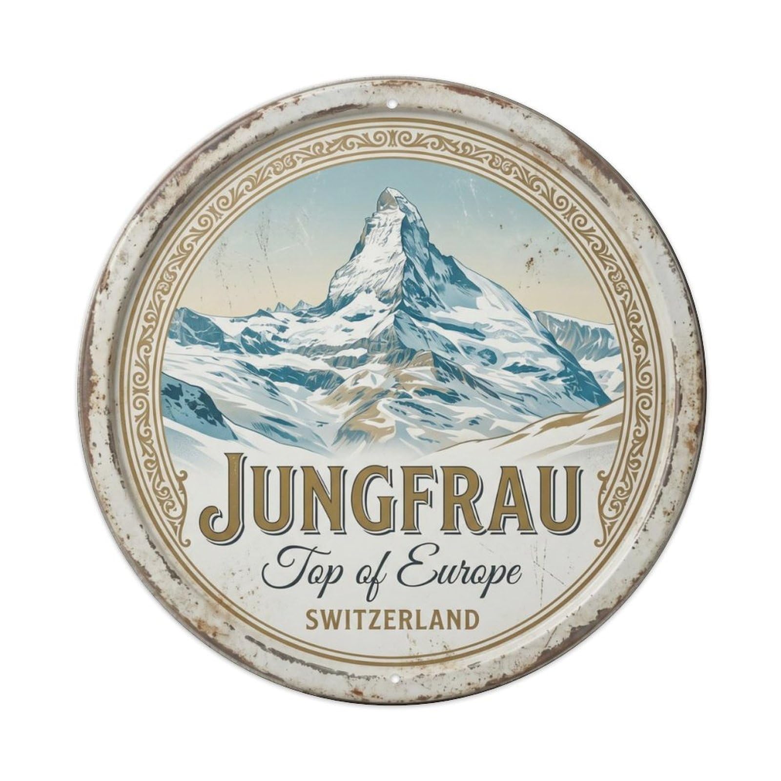 Vintage Travel Jungfrau Swiss Summit Metal Tin Sign Plaque Wall Decor for Cafe, Club Bar, Office, Home Garden Round Metal Poster 8x8Inch