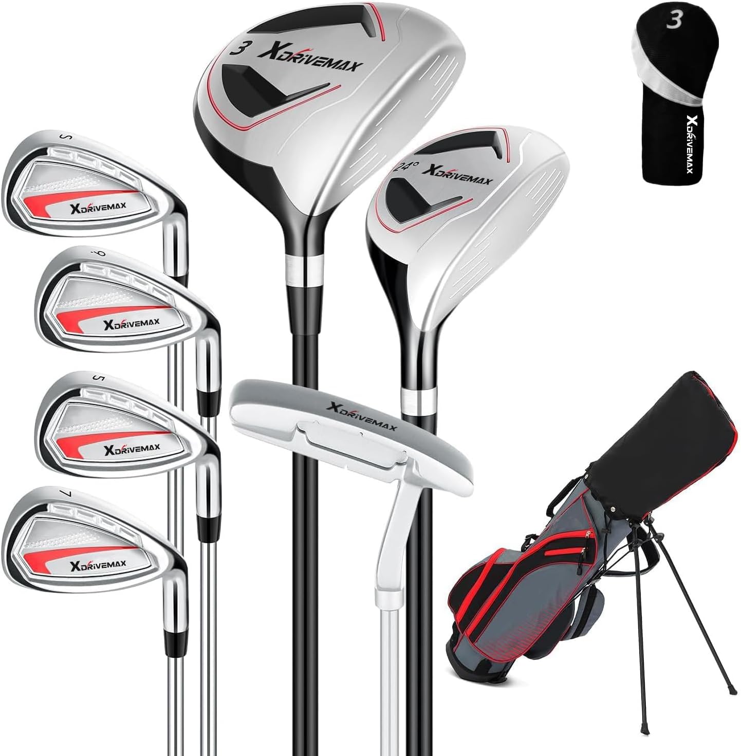 XDriveMax 8 Pieces Complete Mens Golf Club Set Right/Left Hand for Men Women Includes Stand Bag with Rain Hood, 3# Fairway Wood with Head Covers, 5# Hybrid, 5#, 7#, 9# S# Irons and Putter