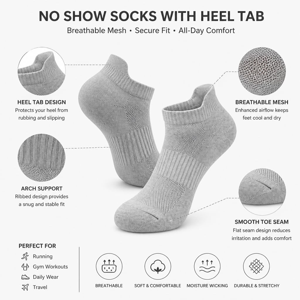 6 Pairs Ankle Socks No Show Sock Low-Cut Athletic Men Women Cotton Socks
