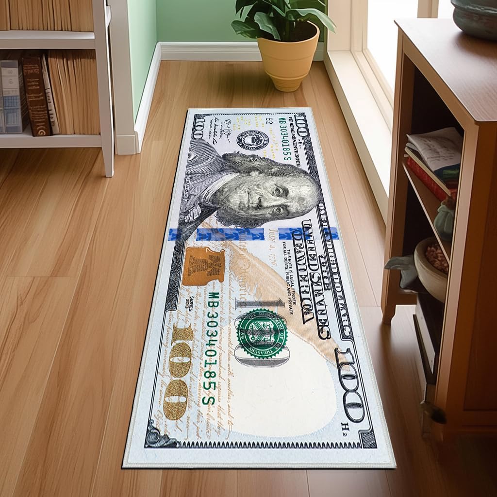 Money Rugs 100 Dollar Bill Runner Rug 2x6,Hundred Dollar Bills Throw Accent Area Rugs,Money Decor Floor Carpets Mat Non Slip Washable Carpet Runners for Bedroom Living Room Entryway Hallway Laundry