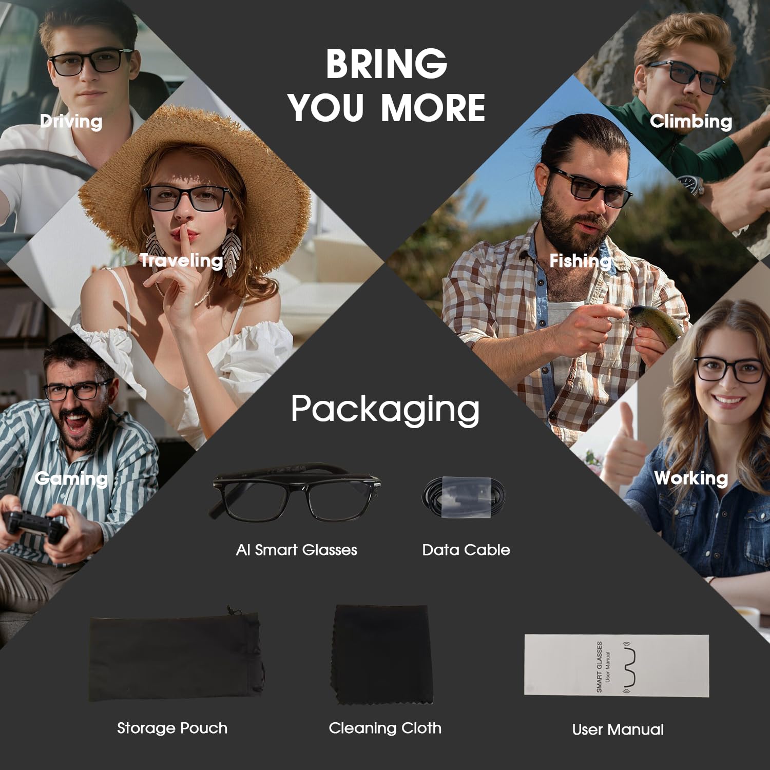 AI Smart Brille mit 160+ Sprachen, Farbwechsel-Linsen, Integriertem Lautsprecher & Klarer Audio - Bluetooth Glasses für Reisen, Meetings und Business Nutzung