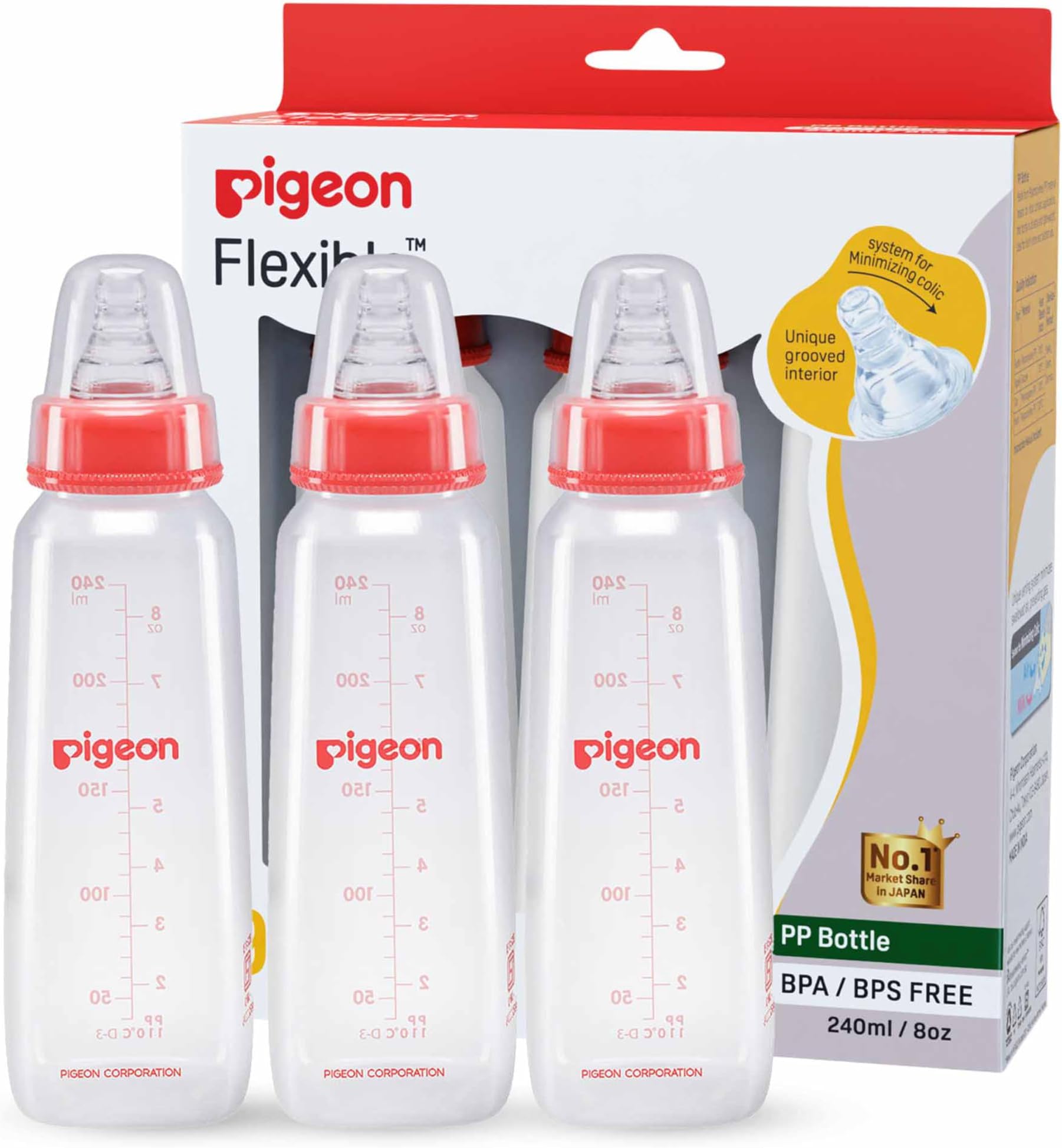 Pigeon Nursing Bottle Nipple L Red Pack of 3 | Baby Bottle Set | Natural Feeding Bottles for Babies | BPA Free Milk Bottle Set