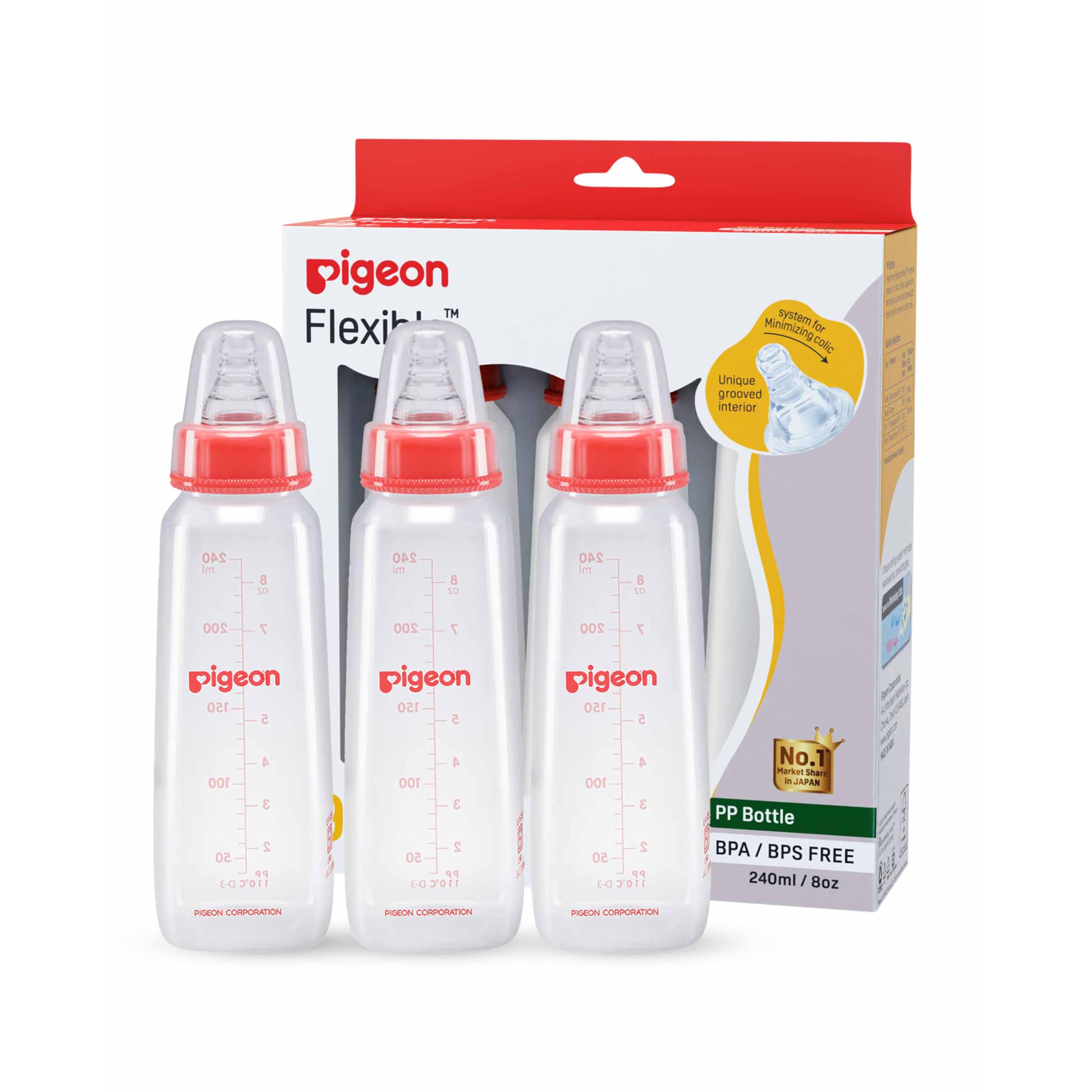 Pigeon Peristaltic Baby Nursing/Feeding Bottle KPP Nipple L,For 9+ Month Babies,BPA Free,BPS Free,Square Base,Red,240 ml,Pack of 3-image-37