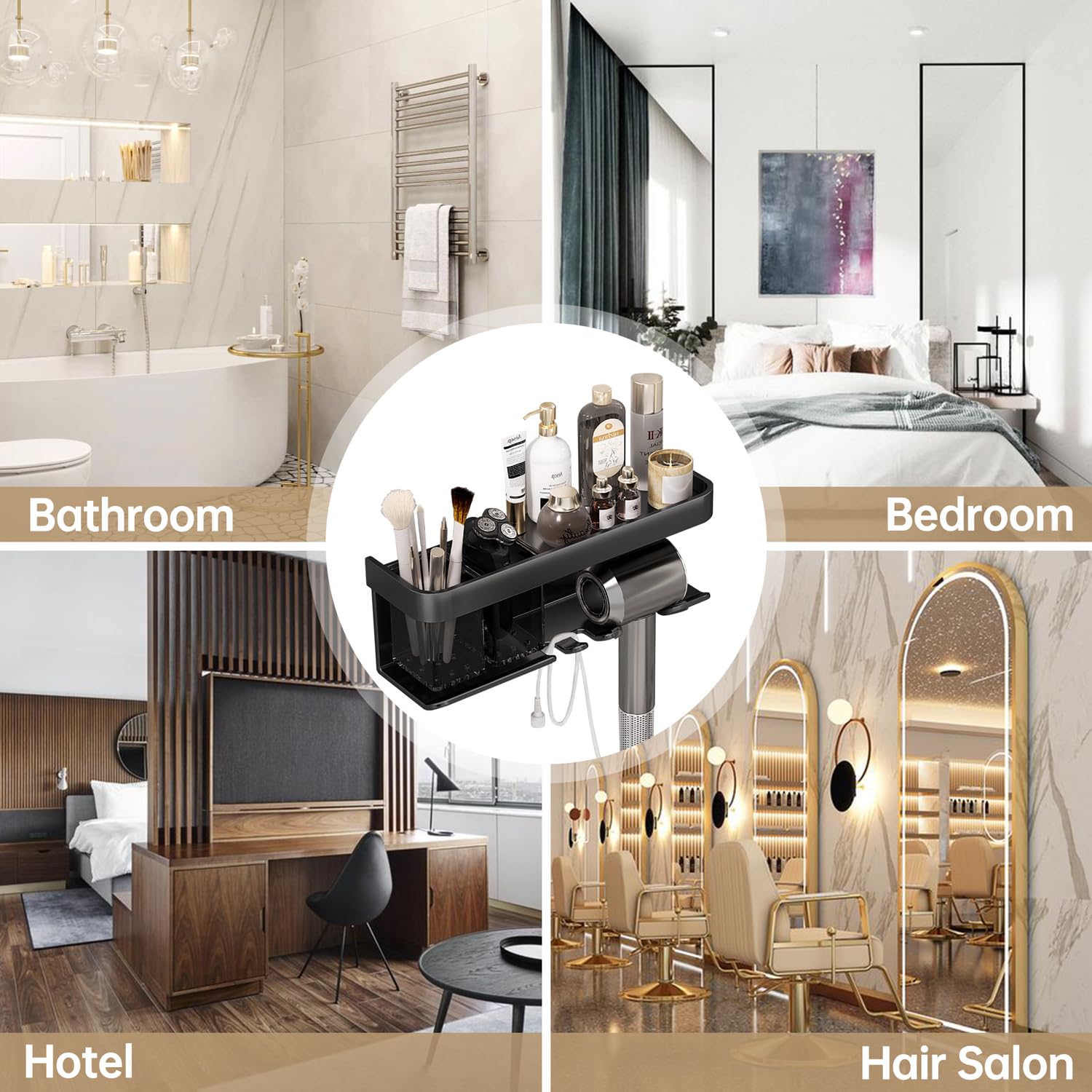 Haartrockner-Halter, Föhn-Organizer, Haartrockner-Halter, Wandmontage, mit Ablage für Badezimmer, Salon, Schlafzimmer, Organizer und Aufbewahrung (mattgrau)
