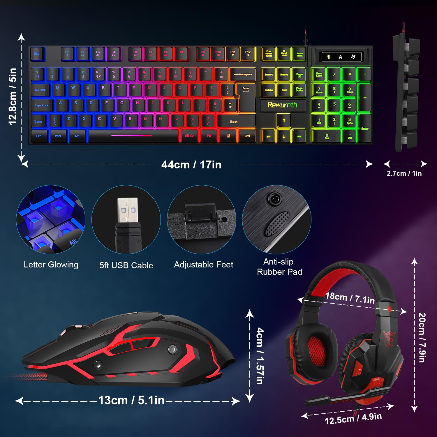 Set di tastiera e mouse da gioco con cuffie, layout UK, tastiera cablata retroilluminata RGB, mouse da gioco ergonomico a LED a 4 colori, cuffie over-ear, tappetino per mouse grande, USB Plug