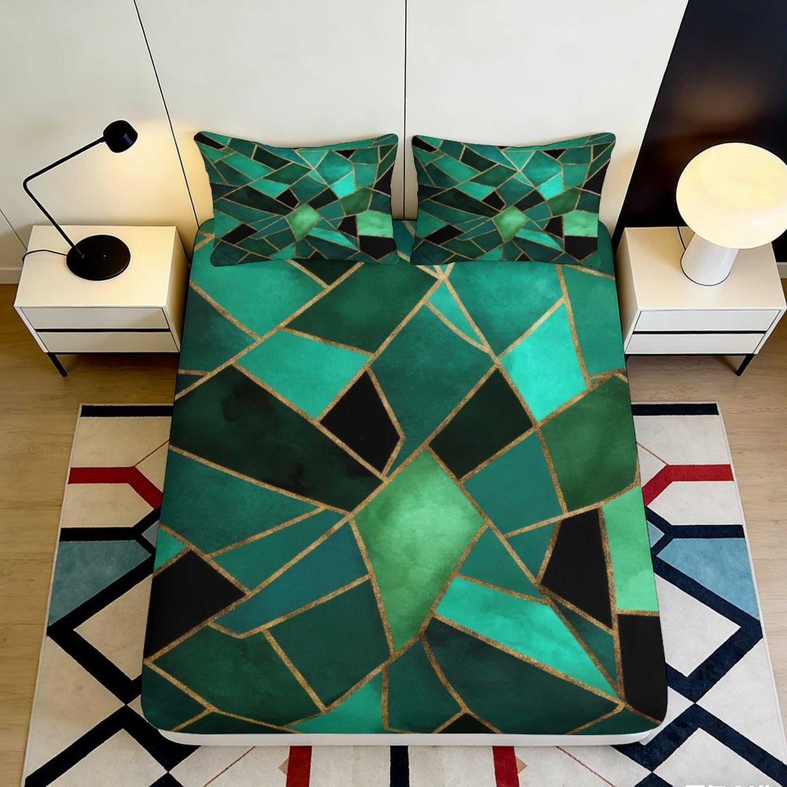 3D Printed Geometric Green Fitted Sheet Microfiber Non-Slip Modern Abstract Bed Cover for Bedroom Dorm Guest Room 90x200x25cm