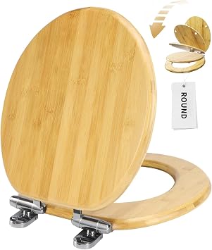 Angol Shiold Round Bamboo Toilet Seat Natural Bamboo, Light, 16.5Inch | Quick Release Slow Close Zinc Alloy Hinges Natural Bamboo Toilet Seat with Lid Easy to Install & Clean
