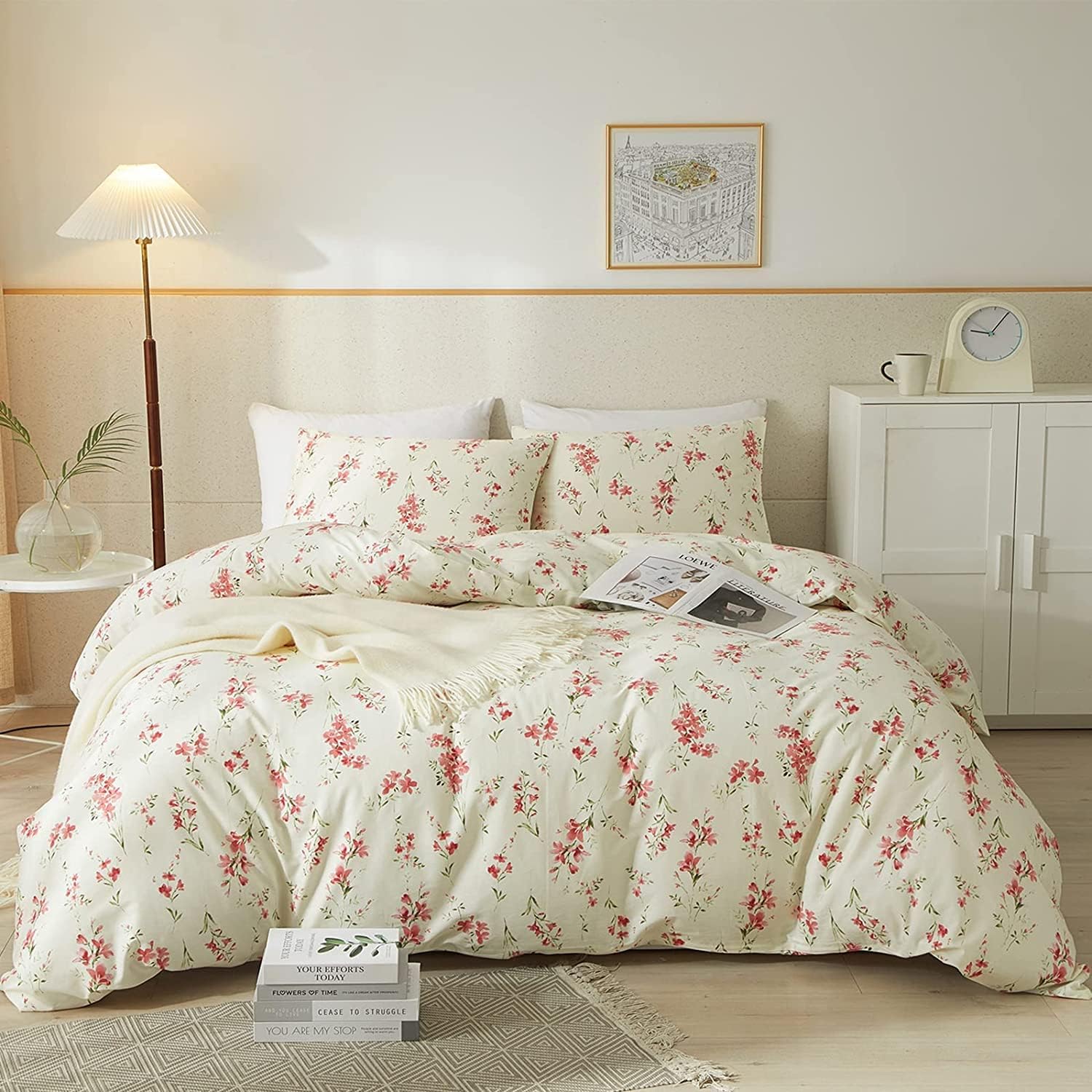 AMWAN Garden Style Pink Floral Duvet Cover Twin Chic Shabby White Pink Floral Bedding Sets 100% Cotton Botanical Comforter Cover Aesthetic Boho Bedding Collection