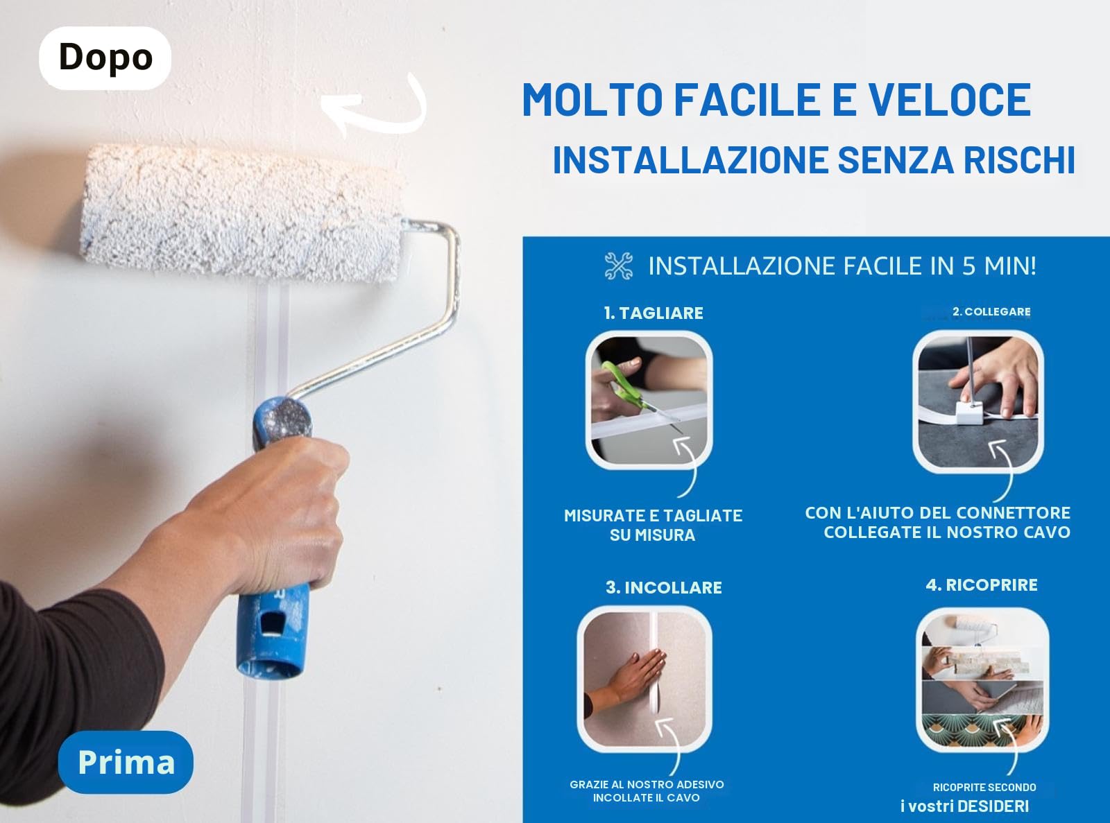 Cavo elettrico ultra piatto 3M 230V/16A - filo elettrico invisibile- nastro elettrico che scompare sotto vernice, carta da parati, piastrelle, parquet Niente più canaline passacavo