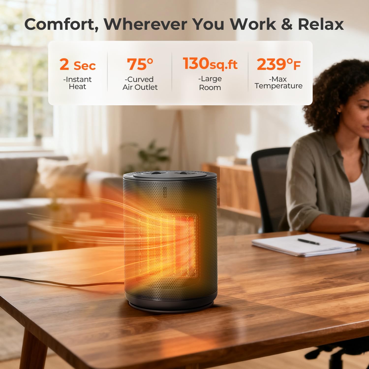 R.W.FLAME Space Heater on a desk, highlighting features like 2-second instant heat, 75-degree curved air outlet, 130 sq.ft coverage, and 239 degrees Fahrenheit max temperature.