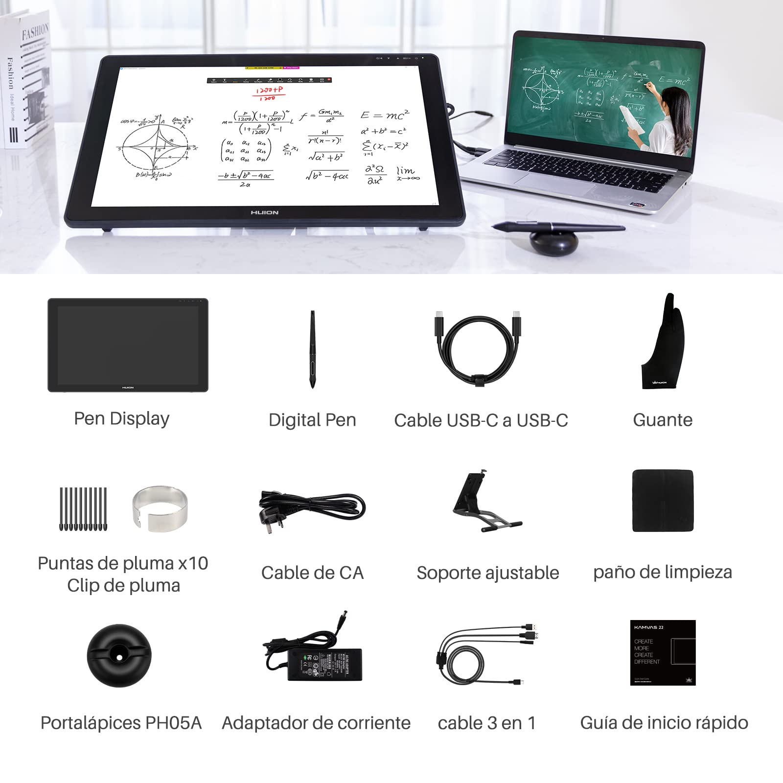 HUION Kamvas 22 Plus Tableta Gráfica con Pantalla, 140% sRGB, Vidrio Antirreflejo, Pantalla LCD QD Completamente Laminada, Lápiz PW517 con Inclinación, Ideal para Trabajar Desde Casa, 21.5 Pulgadas