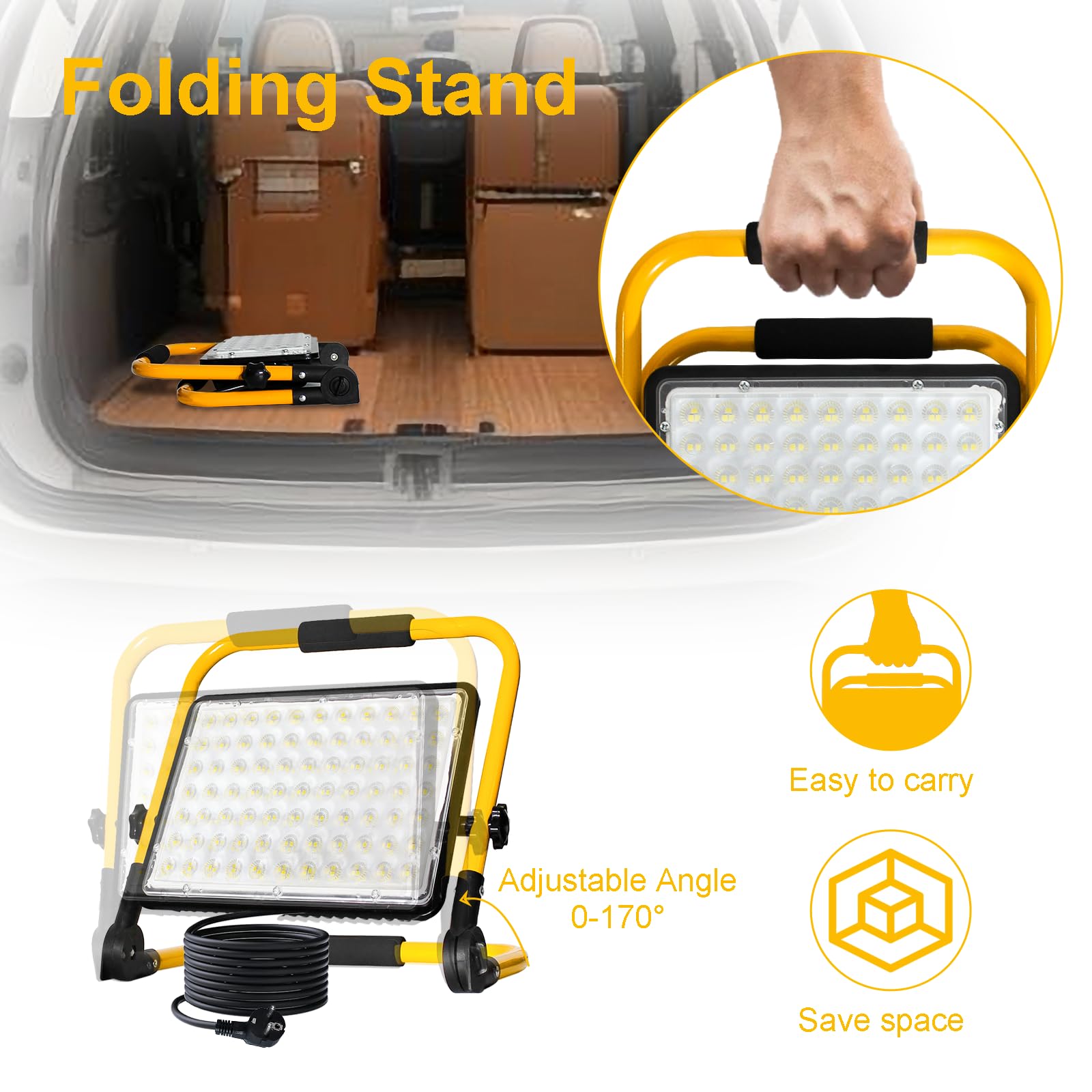 Faretto LED da Cantiere 200W, 20000lm Faro LED da Cantiere Portatile Luce Bianca 6500K IP66 Impermeabile Cavo 4M, Rotazione 360°con Staffa Pieghevole, Faretto Lavoro per Edilizia,Officina