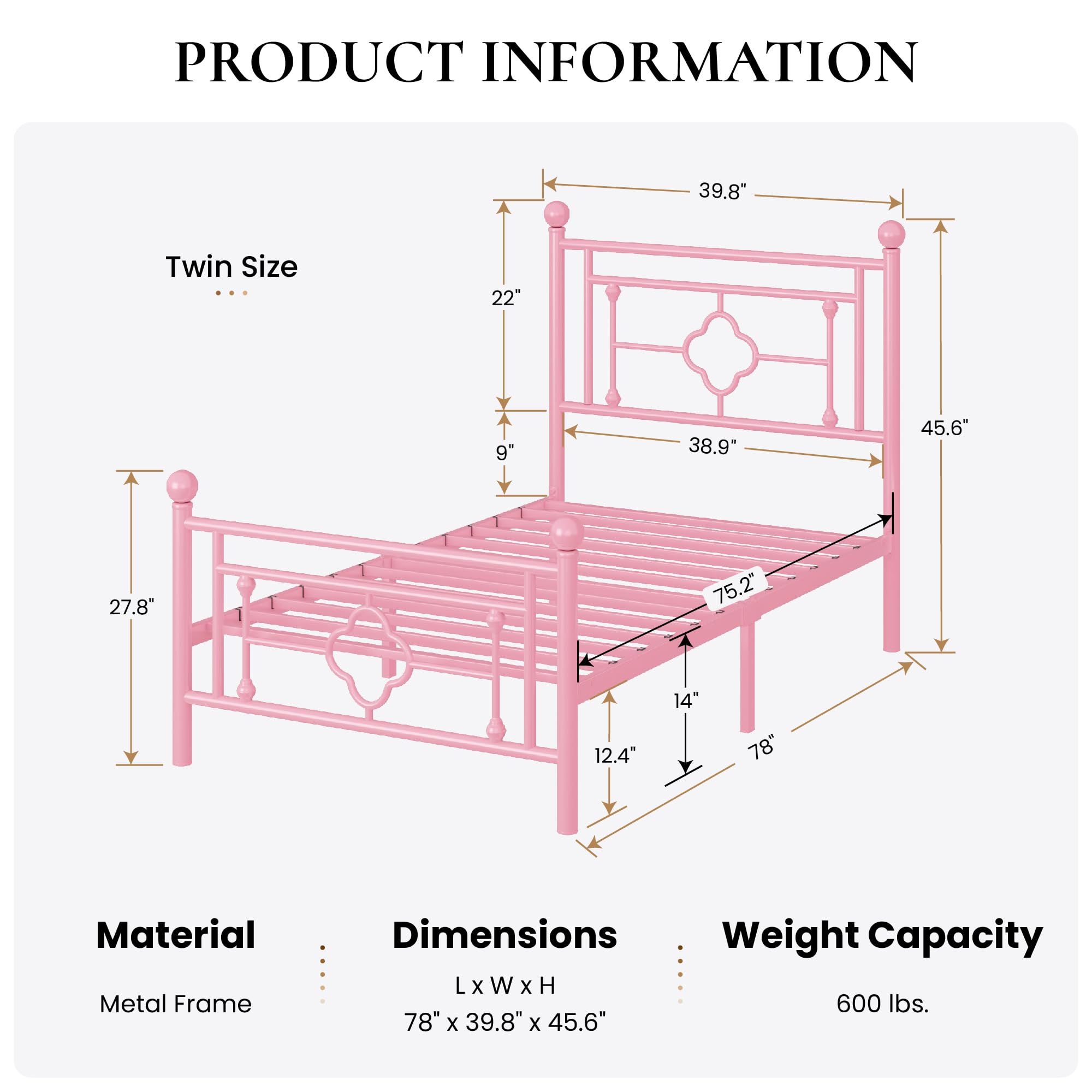 SHA CERLIN 14 Inches Twin Size Metal Platform Bed Frame/Vintage Iron-Art Headboard and Footboard/Mattress Foundation for Storage/No Box Spring Needed/Noise-Free/Easy Assembly/Pink