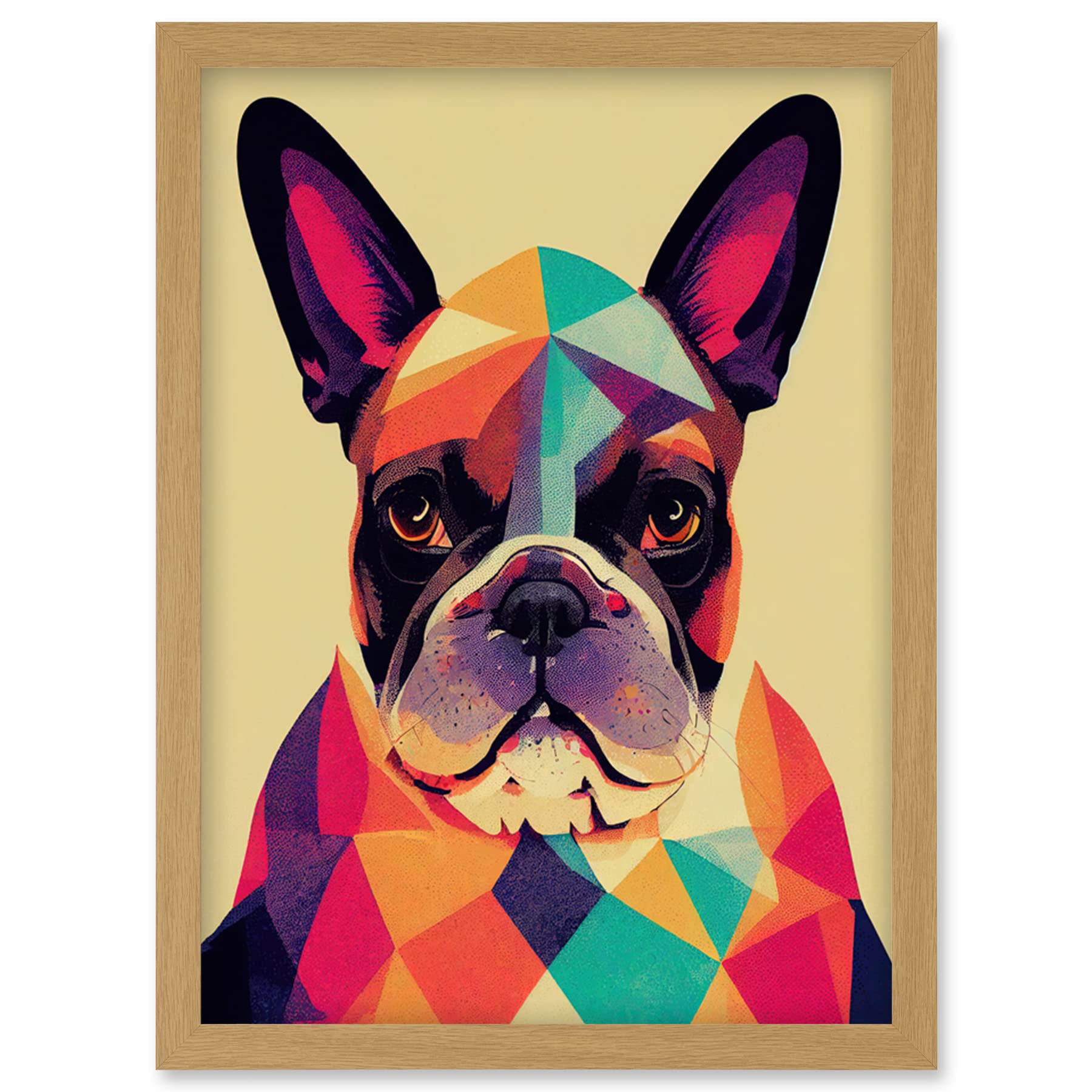 Wee Blue Coo Vibrant Colourful Geometric French Bulldog Portrait Design Artwork Framed Wall Art Print A4