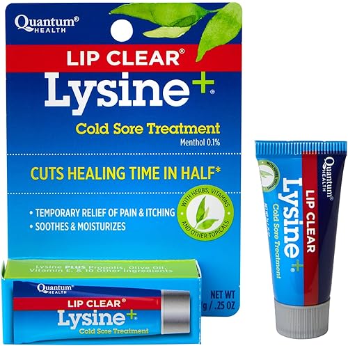 Quantum Health Lip Clear Lysine+ Cold Sore Treatment Soothe & Moisturize Mouth Sores - L-Lysine Menthol Calendula & Propolis Ointment - Transparent Fever Blister Healing Balm - 0.25 Oz