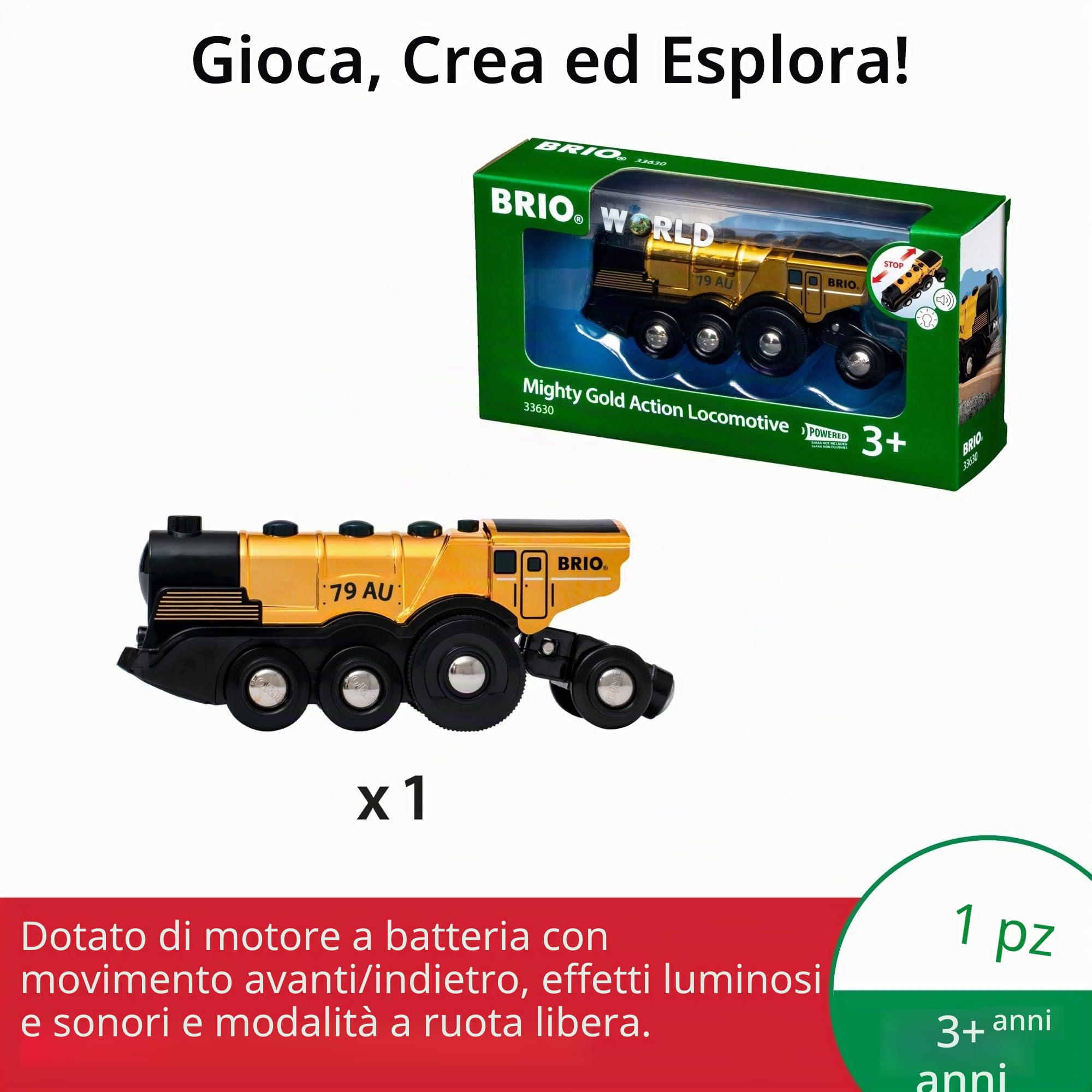 BRIO Grande Locomotiva Dorata con Azioni, Treni, Vagoni, Veicoli di BRIO Wolrd, Età Raccomandata 3+, Gioco per Bambini, ‎33630