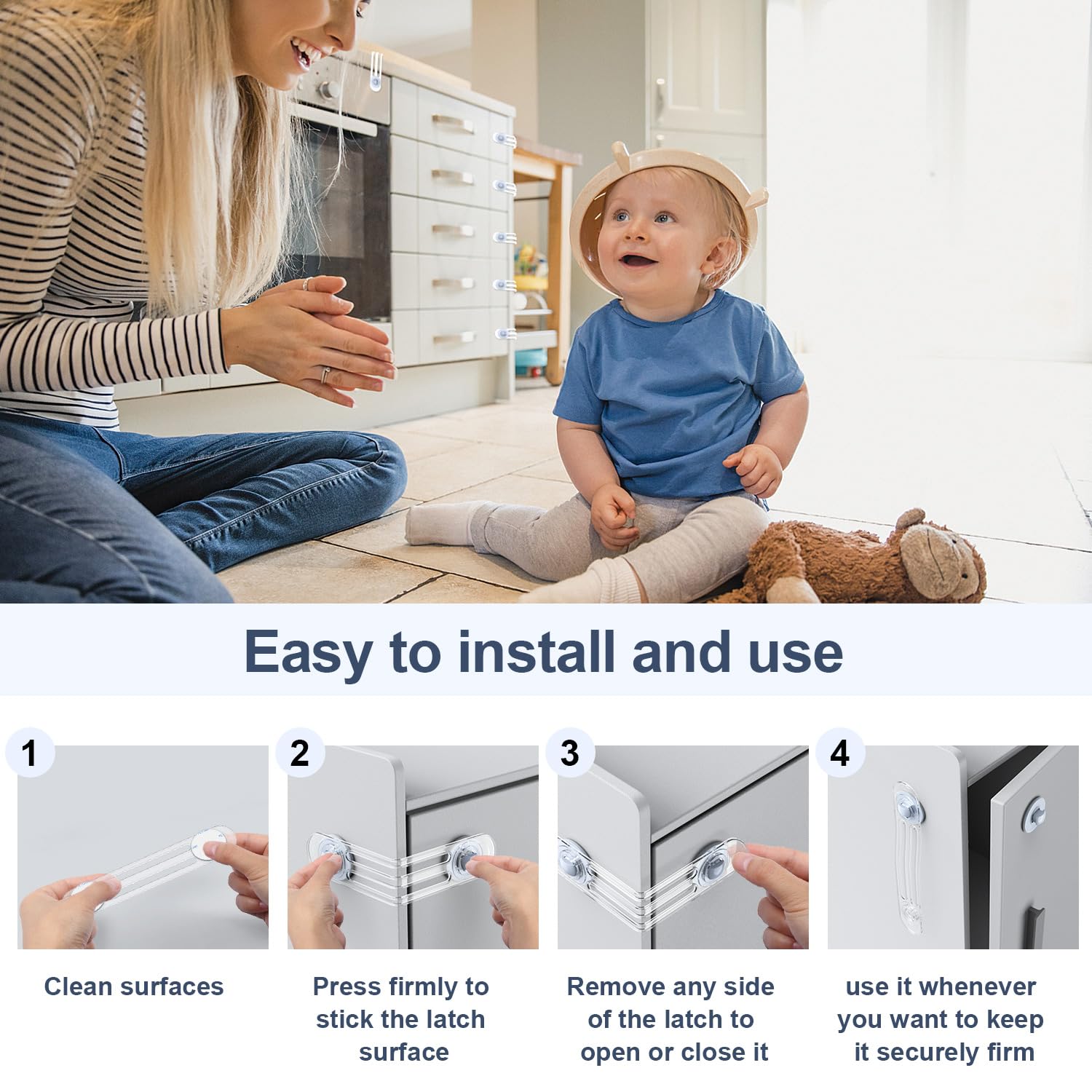 Kimsky Sécurité Bebe, Sécurité Enfant Porte, 12 Pièces Bloque Porte Fenêtre Securite Bébé, Bloque Porte Bébé Sans perçage pour Armoire, Toilette, Frigo, Four, Réfrigérateur (Transparent)