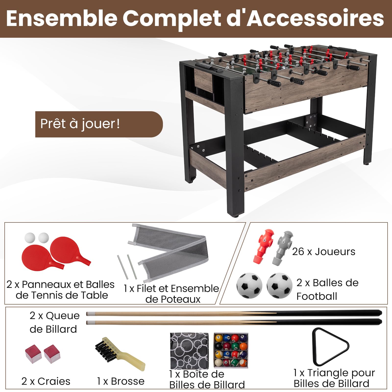 COSTWAY Table de Baby-Foot Pivotante avec Joueurs, Queues, Balles, Table Multijeux avec Pieds Réglables et Marqueur, Billard pour 2-4 Adultes Adolescents pour Salle de Jeux Fêtes