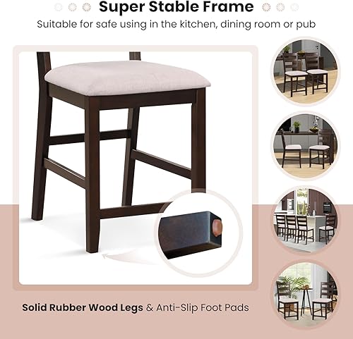 Miniatura 7 de COSTWAY Juego de taburetes de barra de altura de mostrador, silla de bar de isla de cocina con asiento acolchado y patas de madera de goma, silla de