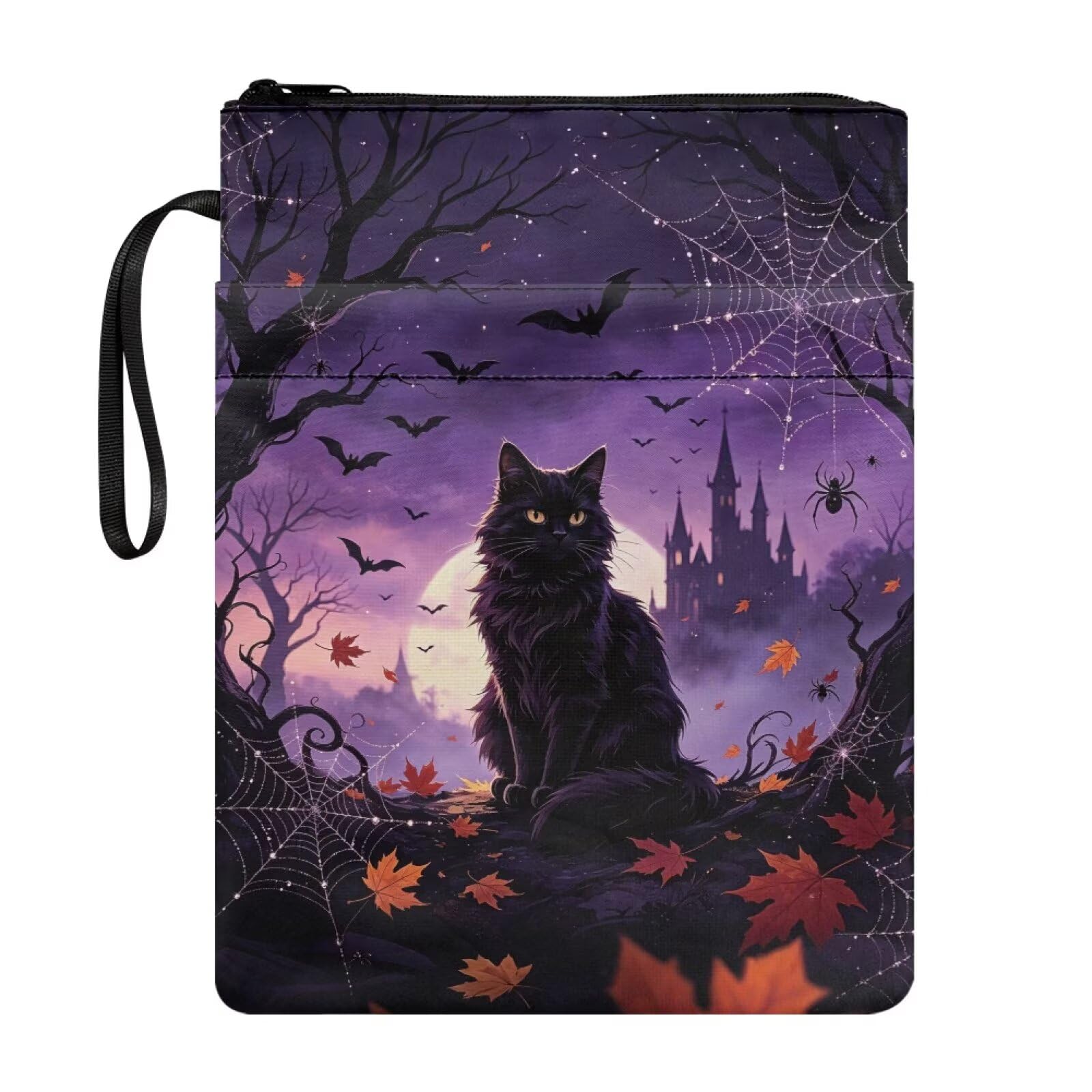 Poceacles Book Cover for Halloween Washable Fabric Book Sleeve Protector with Extra Pocket for Paperbacks Notebooks Hardcovers, Black Cat Maple Bat Print Violet — image 1