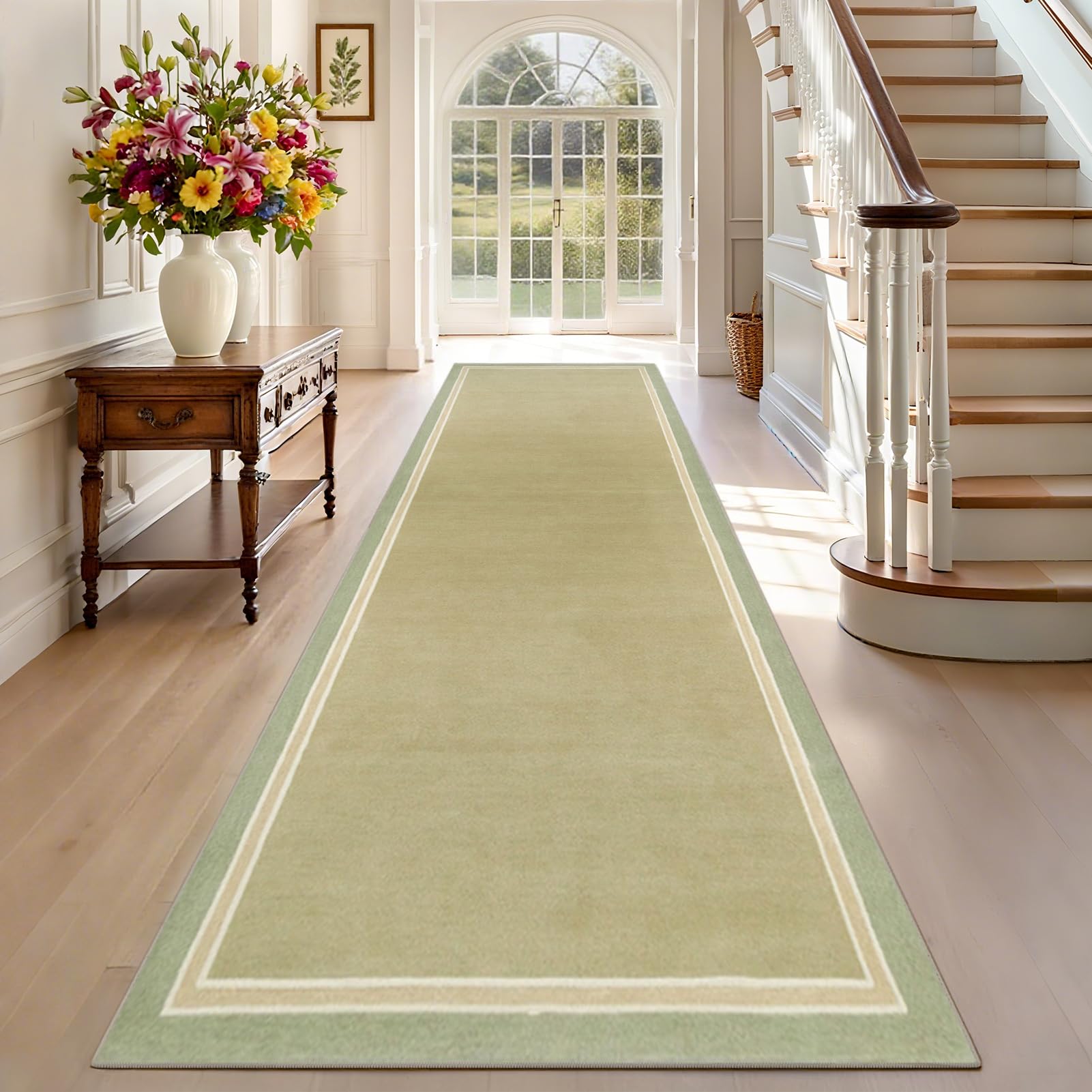 TEHWDAIYOU Carpet Runner 50 x 350 cm Non Slip Washable Hallway Kitchen Rug Extra Long Indoor Outdoor Mat for Entrances Corridor Living Room Laundry Green