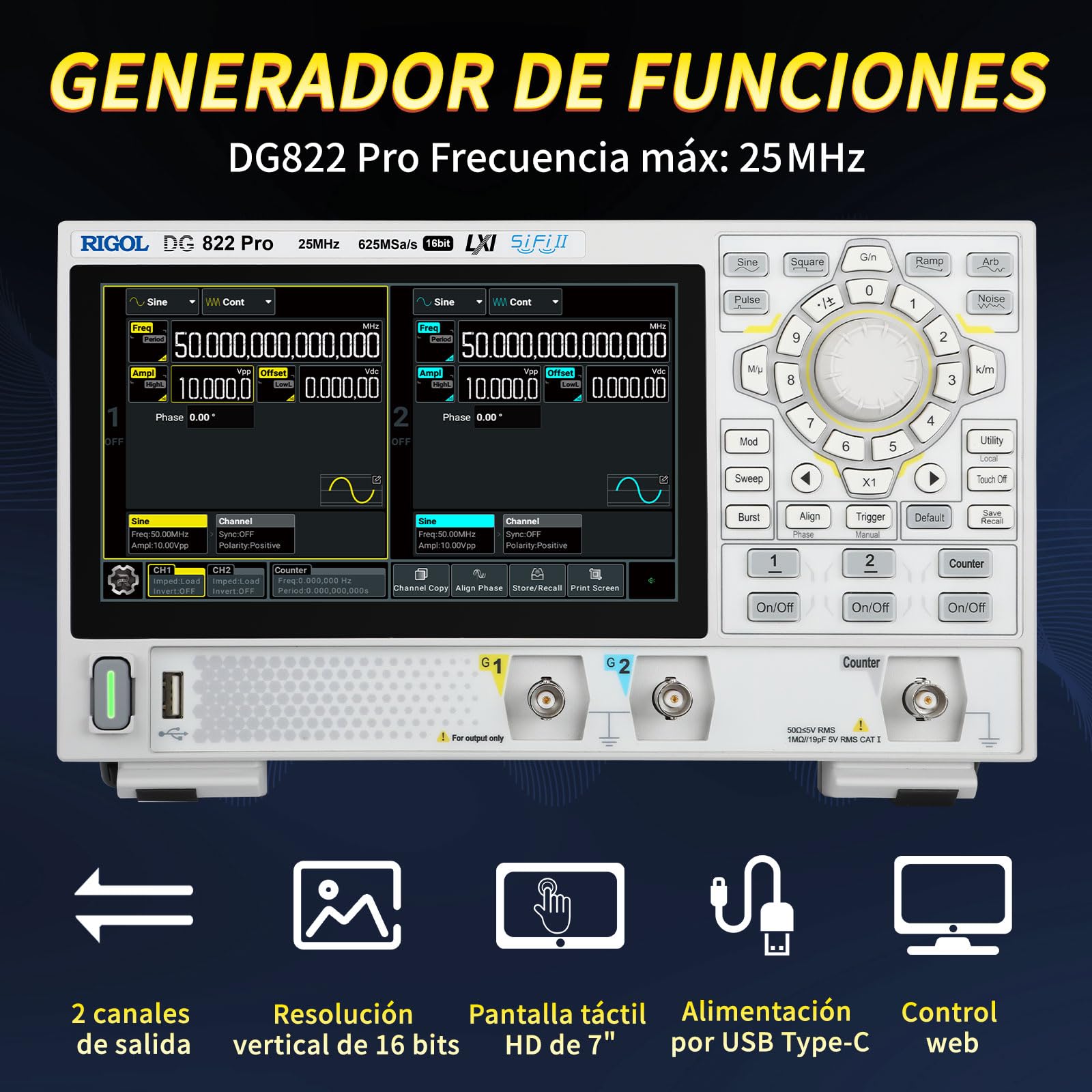 RIGOL Generador de Funciones, DG822 Pro Generador de Señales,25 MHz,2 Canal,Resolución de 16 bits,Pantalla táctil HD de 7 pulgadas,Ultra portátil,Ideal para pruebas en campo y enseñanza en laboratorio
