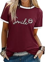 Dresswel T-Shirt Women's Smile Print T-Shirt Crew Neck Short Sleeve T Shirts Summer Tops Tee Tops Blouse