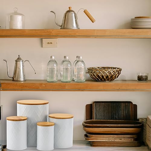 Miniatura 8 de Kazozobi Juego de recipientes de cocina blancos con tapas de madera, azúcar hermético, harina, café, recipientes de almacenamiento de galletas para