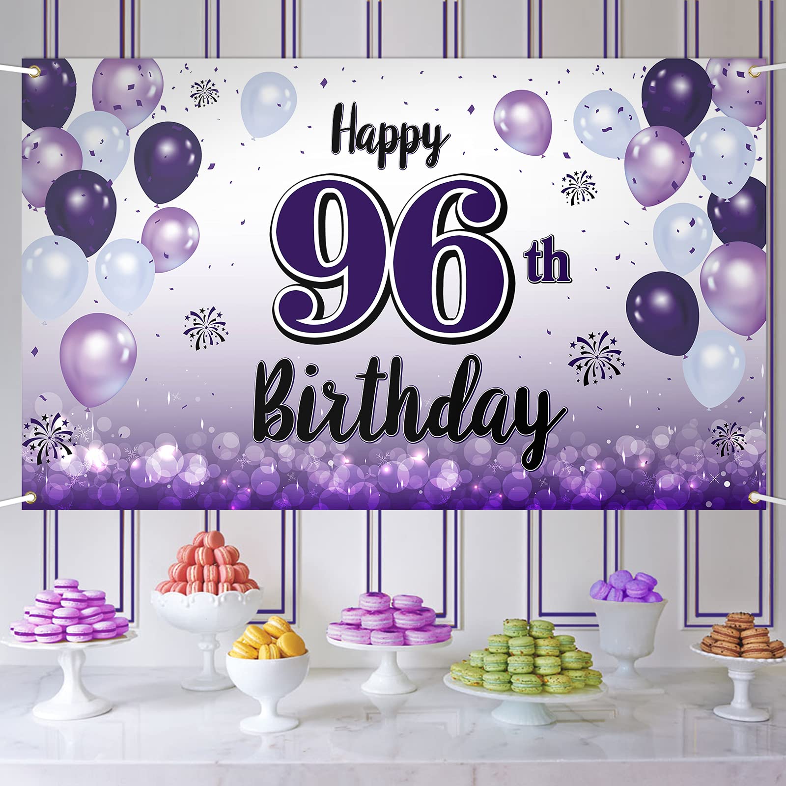LASKYER Happy 96th Birthday Decorations,96th Purple Balloon Large Birthday Banner Backdrop Sign - Cheers to 96 Years Old Bday Party Supplies.