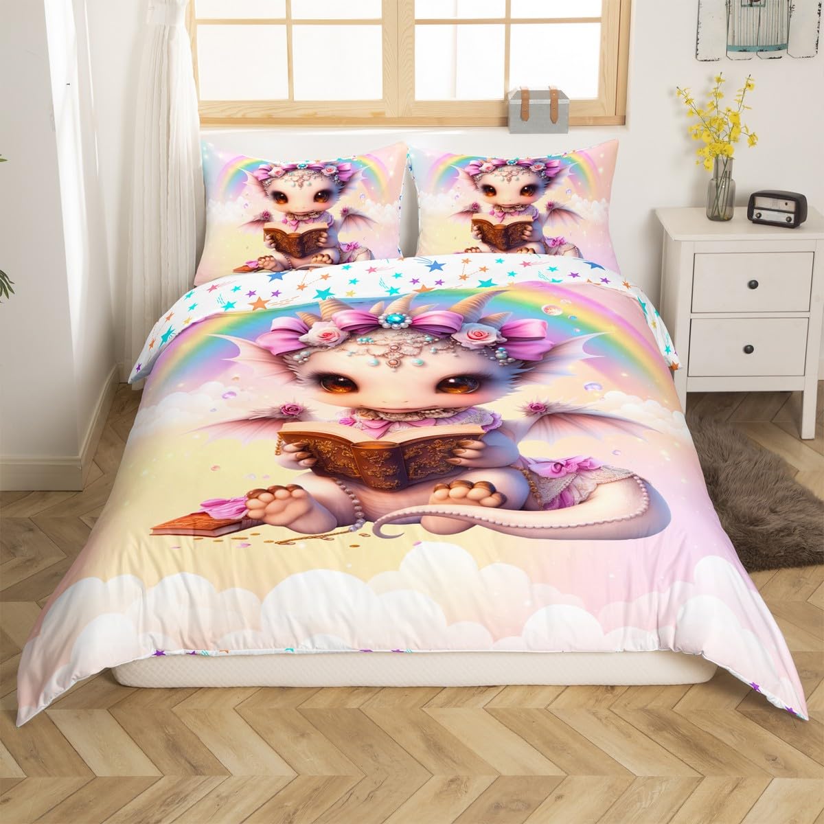 Cute Dragon Decorations,Rainbow Fantasy Cloud Duvet Cover for All Season,Lovely Magical Animal Girl Bedroom Decor Comforter Cover (No Filler) Full Size,3PCS