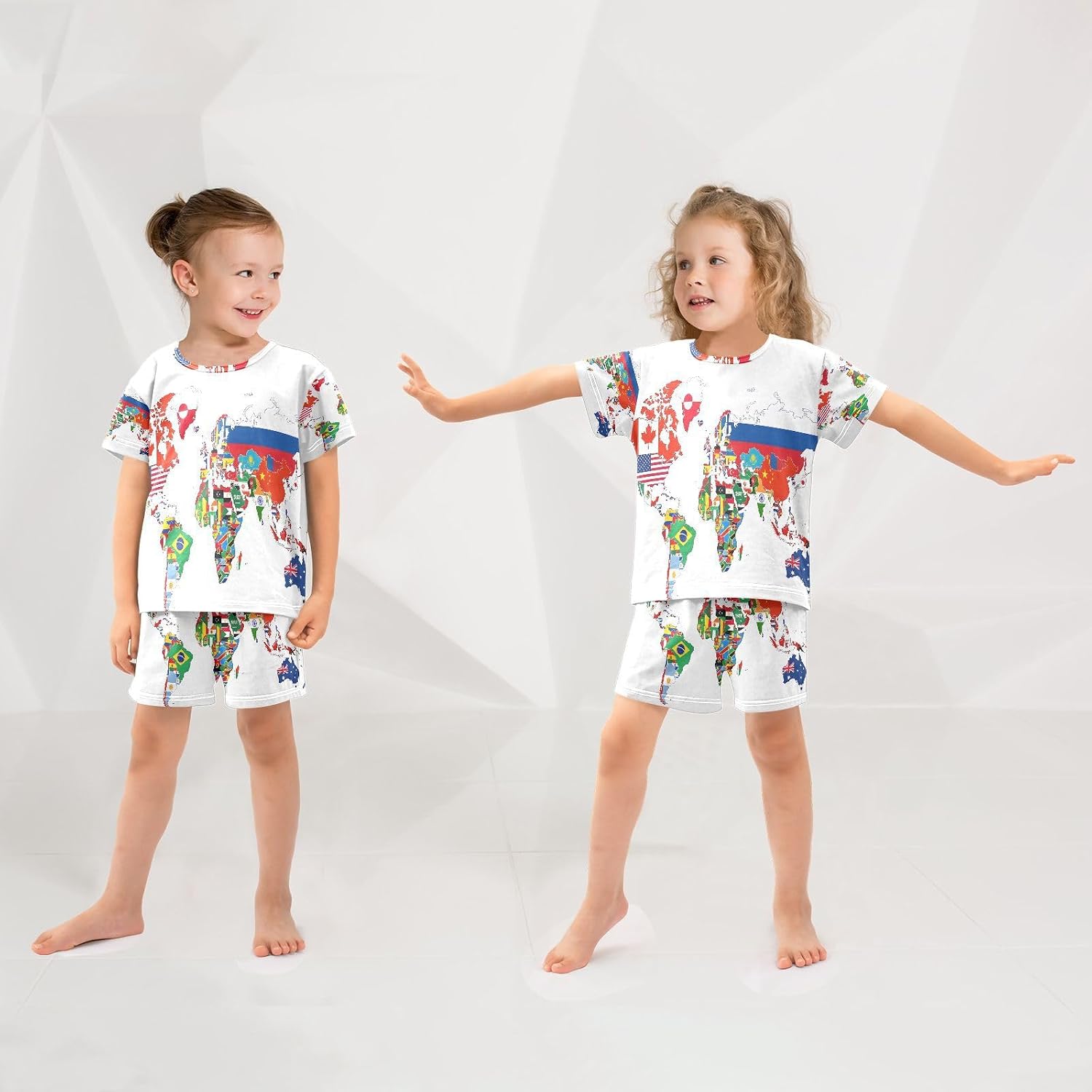 senya Short Sleeve Pajamas Sets Summer Cotton Sleepwear National Flag World Map, 5T