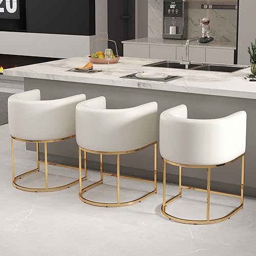 Miniatura 17 de Taburetes de Bar Modernos de Altura de Mostrador Tapizados en Cuero PU Juego de 3, Taburetes de Isla de Cocina de 24", Sillas de Bar con Marco