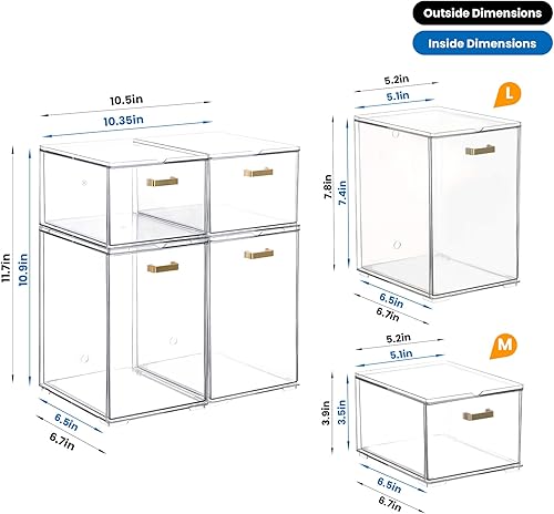Miniatura 3 de Paquete de 4 cajones apilables de acrílico transparente con asas doradas, organizadores de cajones de plástico para maquillaje, cocina, baño,
