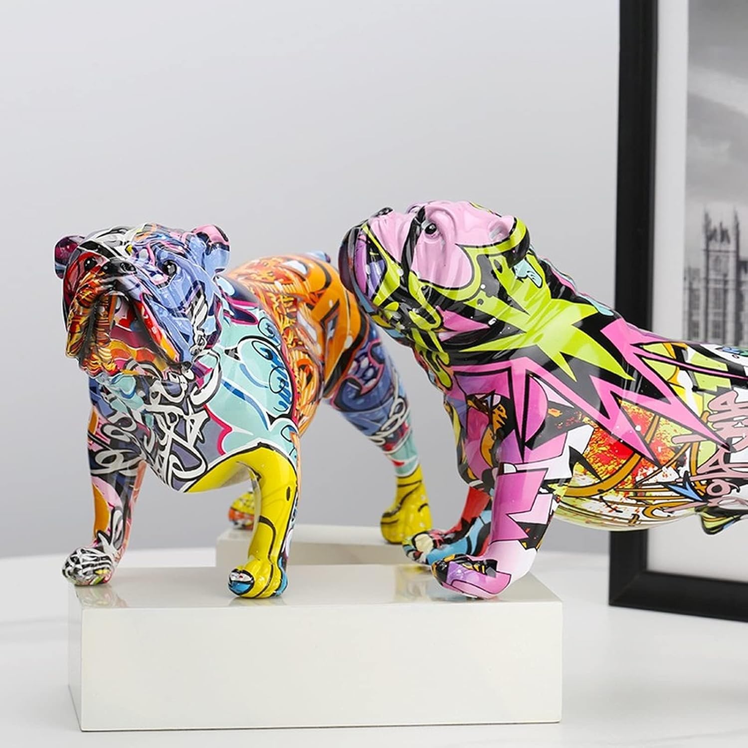 suruim Colorful Dog Sculptures Home Decor Graffiti Modern Art Home Decorations Dog Statue Room Bookshelf TV Cabinet Decor Animal Ornament (Bulldog)
