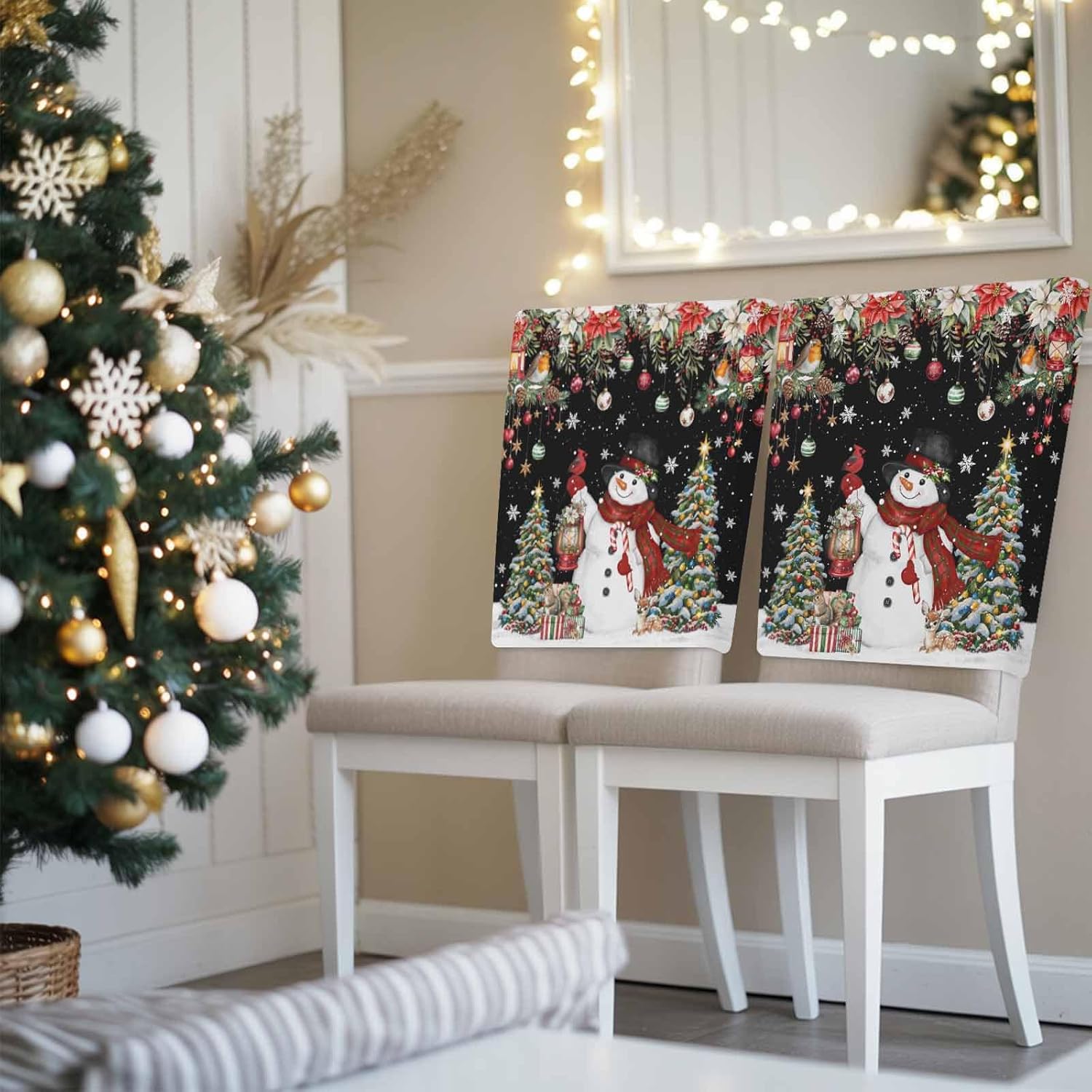 Black Christmas Snowman 4 Packs Dining Chair Back Cover, Xmas Tree Poinsettia Balls Decorative Kitchen Dinner Chair Seat Covers Chair Slip Covers, Slipcovers Protect for Dinning Room