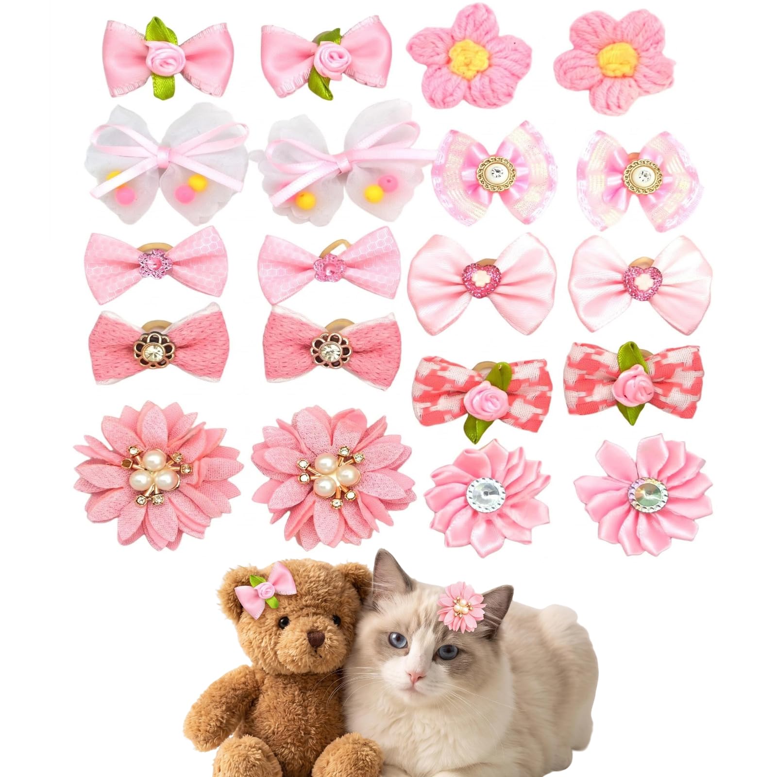 Dog Hair Bows – 20 Pack Pink Bows for Dogs with Elastic Bands – 10 Cute Styles – Dog Bows for Small Medium Dogs – Pet Hair Accessories for Daily Wear, Party & Photoshoot
